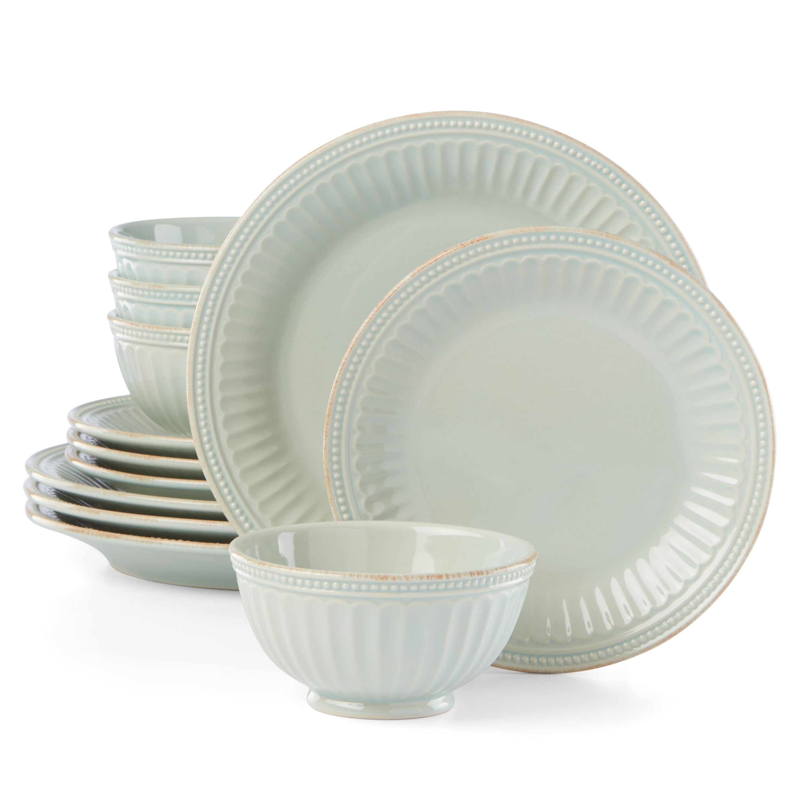 Lenox 870009 French Perle Groove 12-Piece Dinnerware Set - Blue Porcelain Plates & Bowls for Elegant Dining & Entertaining