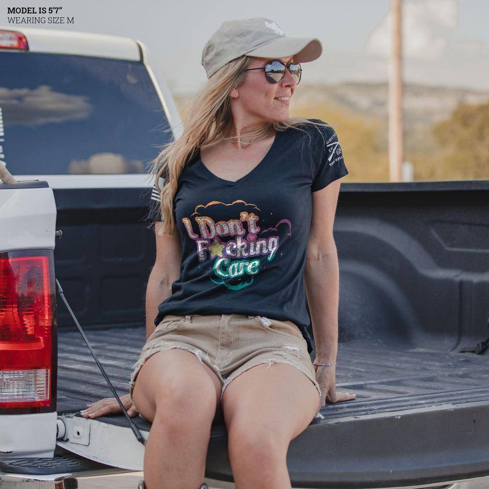 Women's 'I Don't F*cking Care' V-Neck T-Shirt in Midnight Navy - Casual Streetwear for Everyday Confidence & Attitude