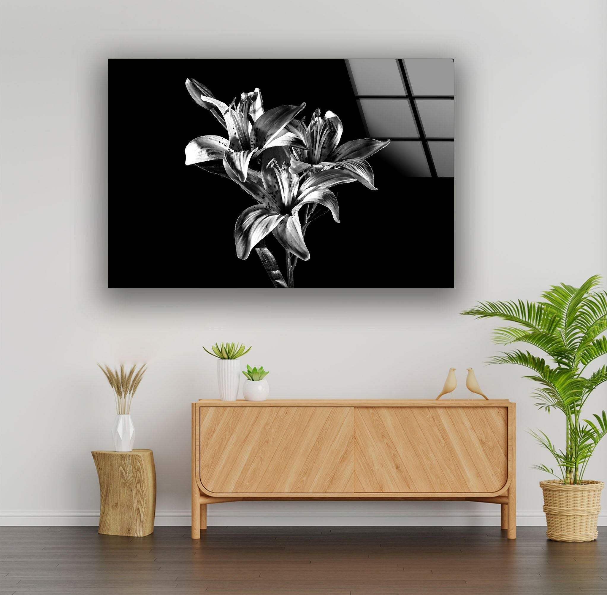Black X-Ray Lily Flower Glass Wall Art - Elegant Home Decor for Living Room, Bedroom & Office - Perfect Gift for Housewarming, Wedding & Birthday