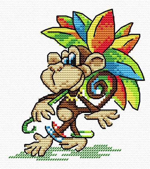Monkey Cross Stitch Kit for Beginners - 14 Count Aida Fabric with Easy Cross Stitch Pattern by MP Studia (SM-008) - Perfect for DIY Home Decor, Gifts & Craft Projects