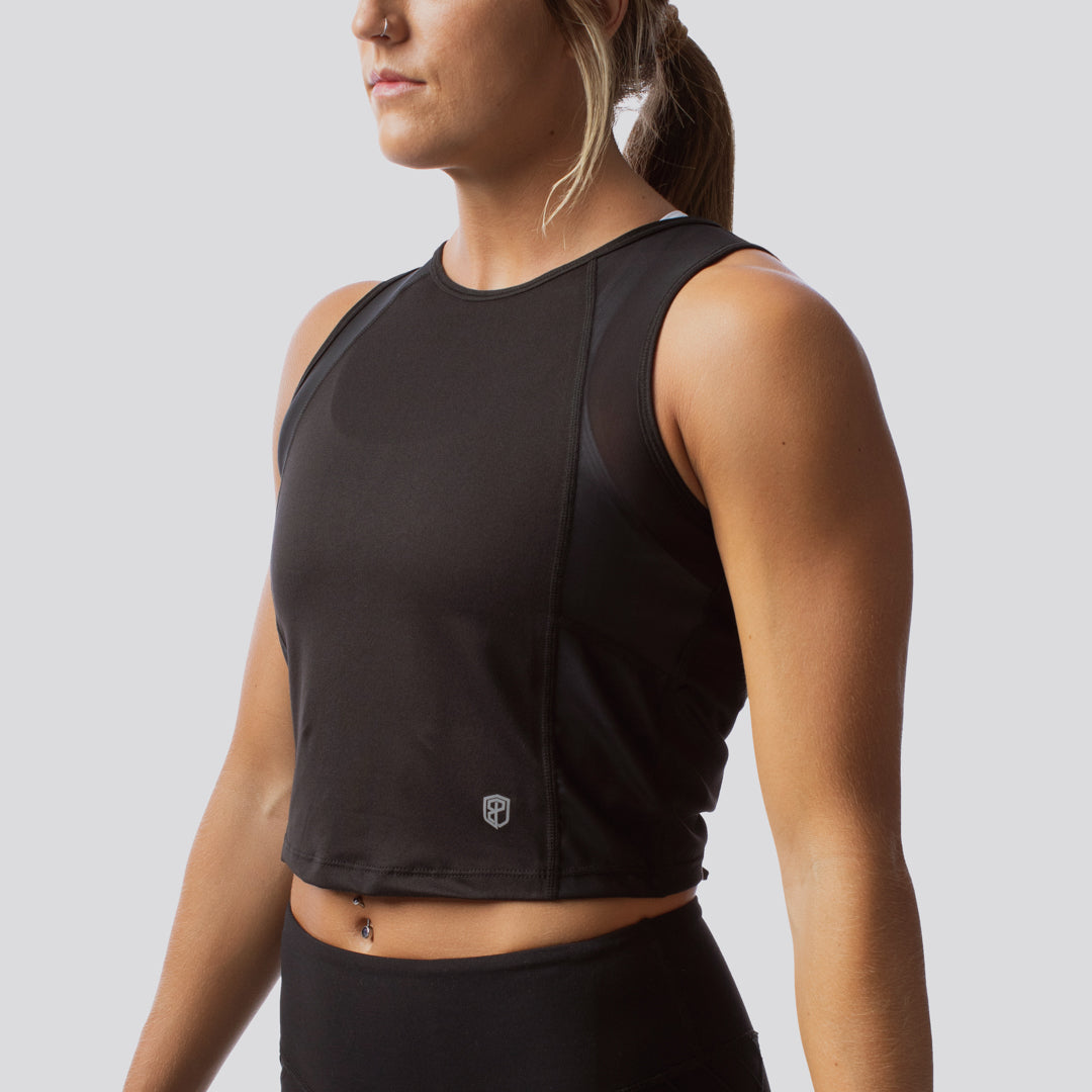 Hurricane Crop Tank Top - AScudds Black - Women's Workout Shirt for Running, Yoga & Gym - Breathable & Comfortable Athletic Wear