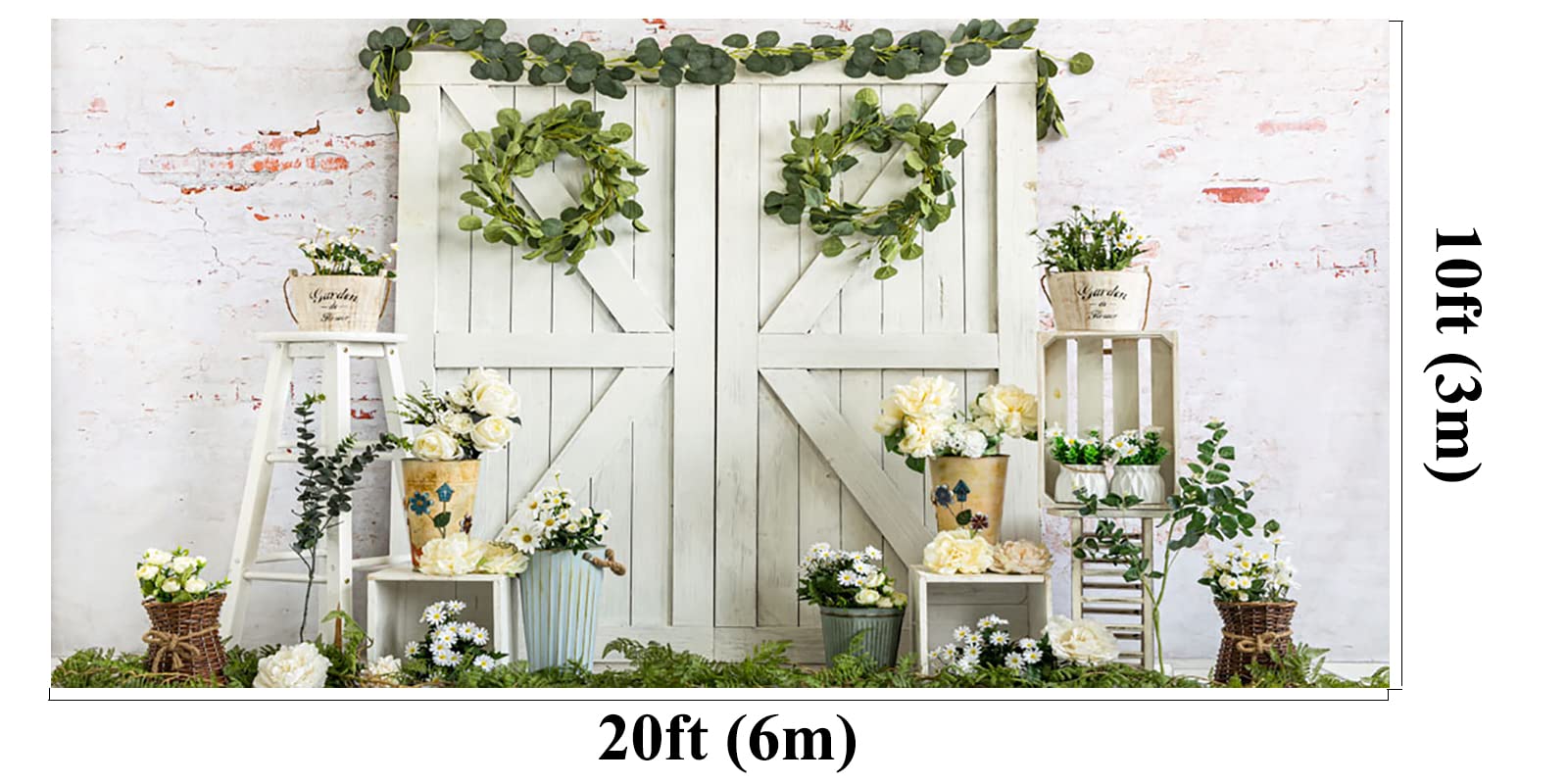 20x10ft Spring Garden Photography Backdrop with White Flowers & Wood Door - Baby Girls Boys Portrait Studio Props for Newborn, Easter, Birthday Photo Shoots
