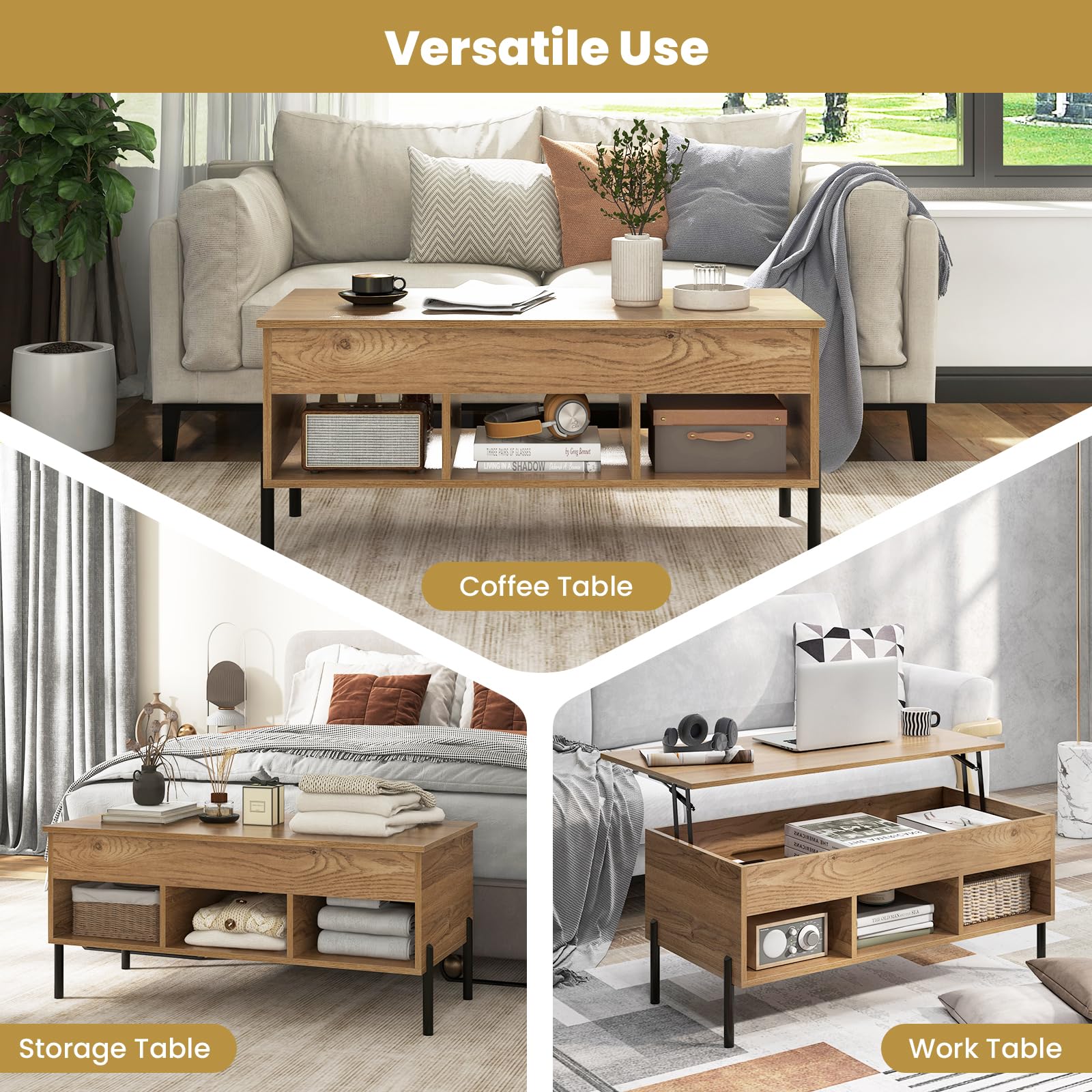 Tangkula Lift Top Coffee Table with Metal Legs - Multifunctional Wooden Dining & Working Table with Hidden Compartment & 3 Open Cubbies for Living Room, Office, Reception Area (Natural Finish) - Perfect for Entertaining, Remote Work, and Stylish Home Decor
