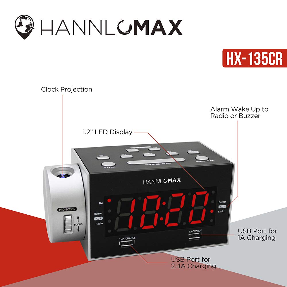 HANNLOMAX HX-135CR Projection Alarm Clock Radio with Dual USB Charging Ports (2.4A+1A), FM Radio, Dual Alarms & 1.2