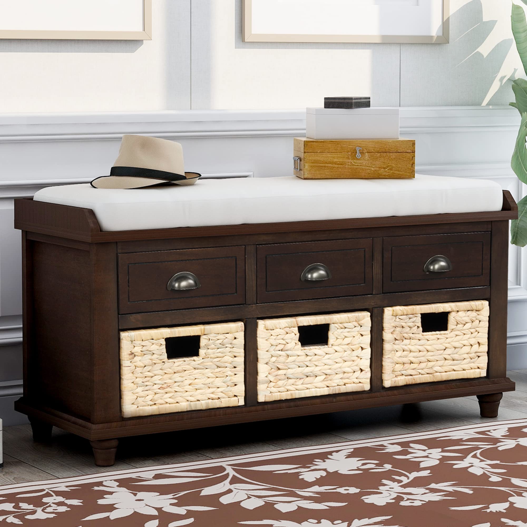 Entryway Storage Bench with 3 Drawers & Rattan Baskets - Shoe Organizer Bench with Removable Cushion for Living Room, Hallway, Bedroom - Espresso Finish for Home Decor & Entry Organization
