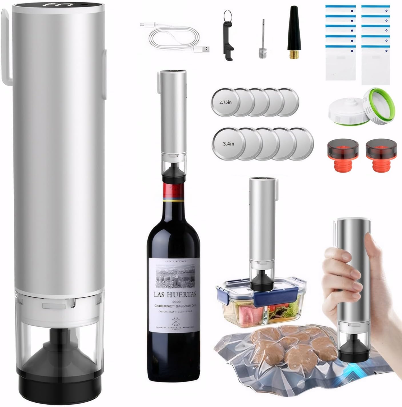 Portable Cordless Handheld Vacuum Sealer for Food Preservation - Includes 10 Reusable Zipper Bags, Dry & Moist Modes, Mason Jar Sealer & Inflation Needle (1 Pump + 10 Bags) - Perfect for Kitchen, Camping & Meal Prep