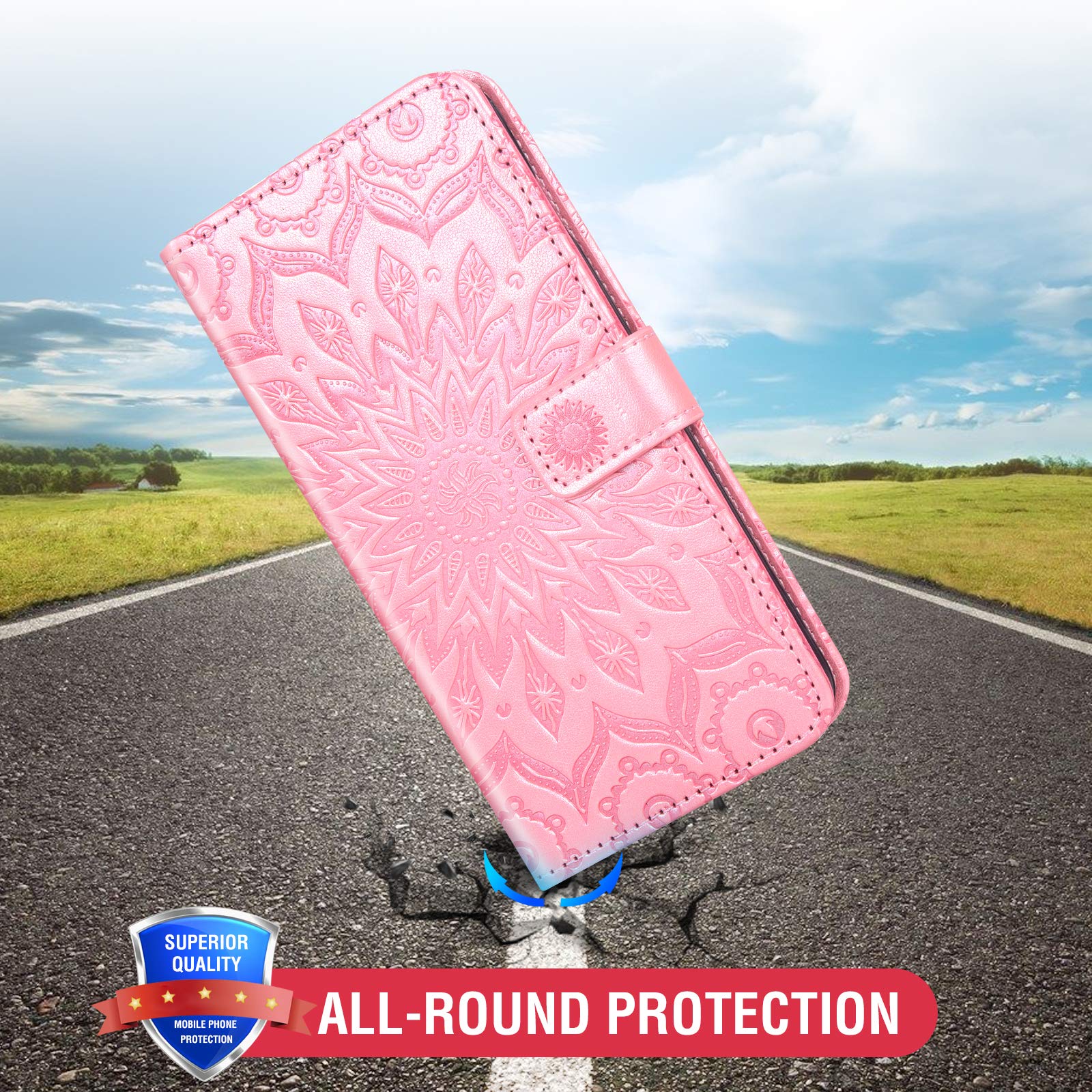 Samsung Galaxy A51 4G Wallet Case with Tempered Glass Screen Protector - Leather Flip Cover with Card Holder & Stand - Rose Gold Phone Case for Women (Compatible with Galaxy A51 A515F/M40S) - Perfect for Work, Travel and Everyday Protection
