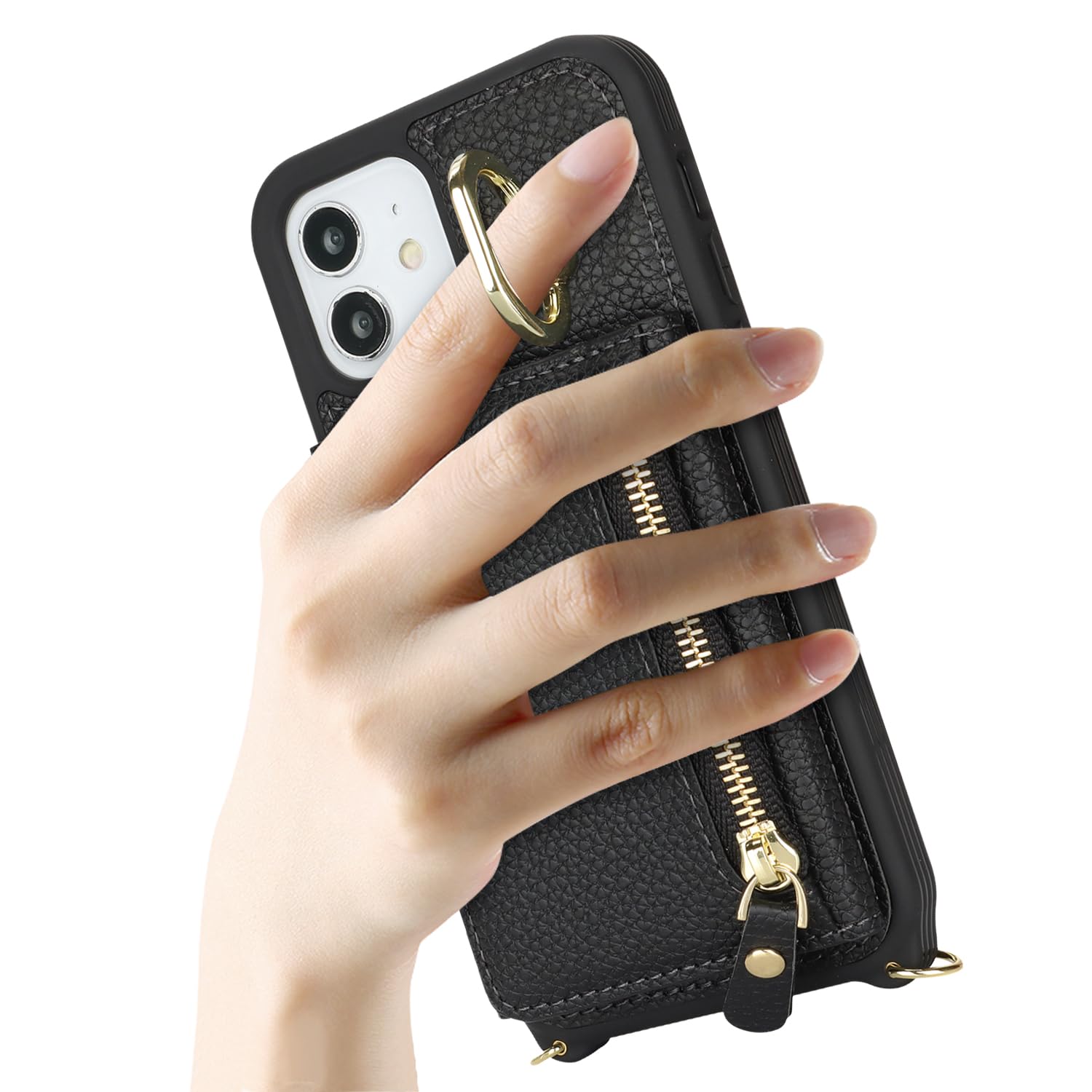 Premium Leather iPhone 12/12 Pro Wallet Case with Card Holder, Crossbody Strap & Stand Ring - Black | Slim Protective Phone Cover with Zipper Pocket for Women & Men | Perfect for Travel, Shopping & Everyday Use