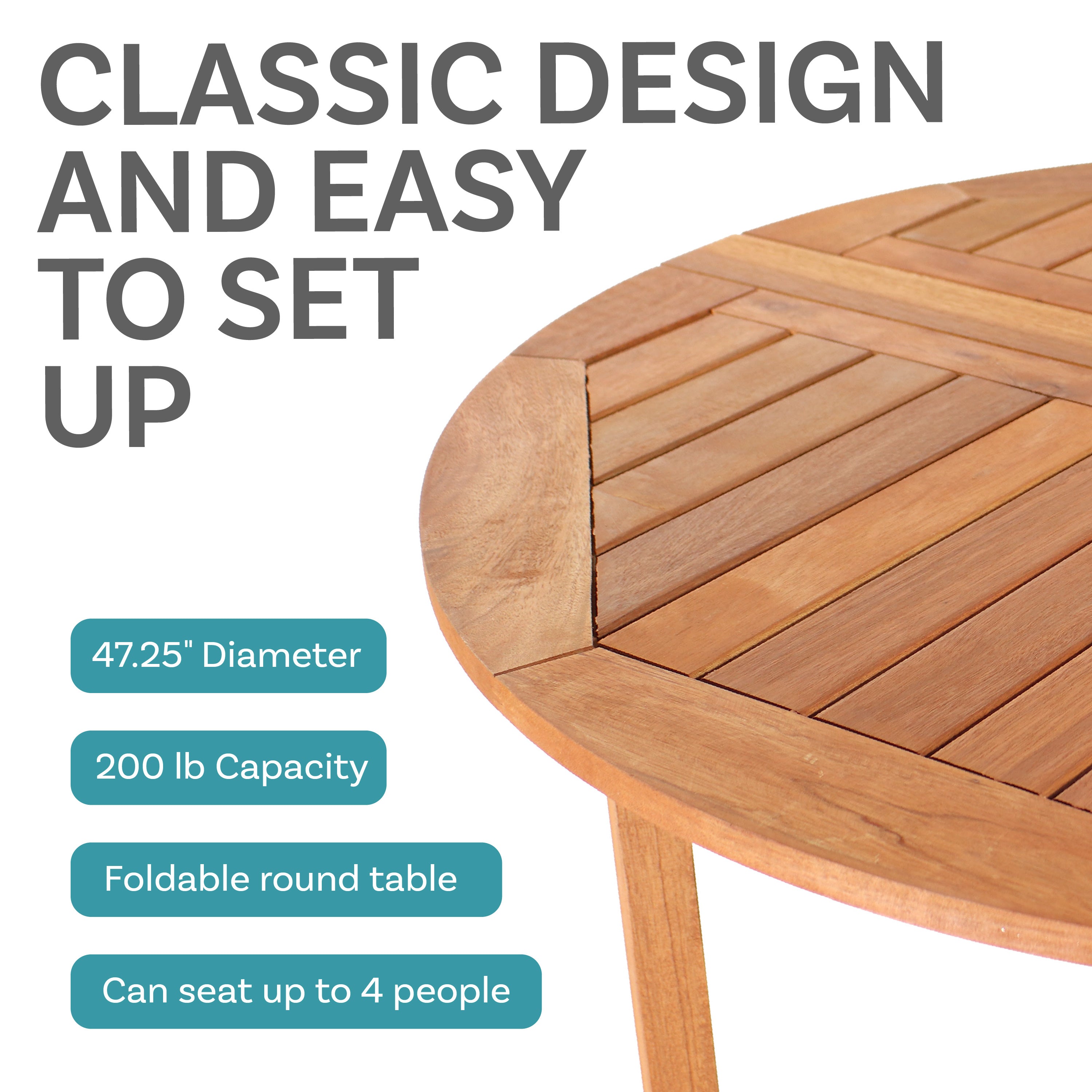 Sunnydaze Malaysian Hardwood Folding Gateleg Round Patio Dining Table - Outdoor Garden, Balcony, Deck Furniture for Entertaining