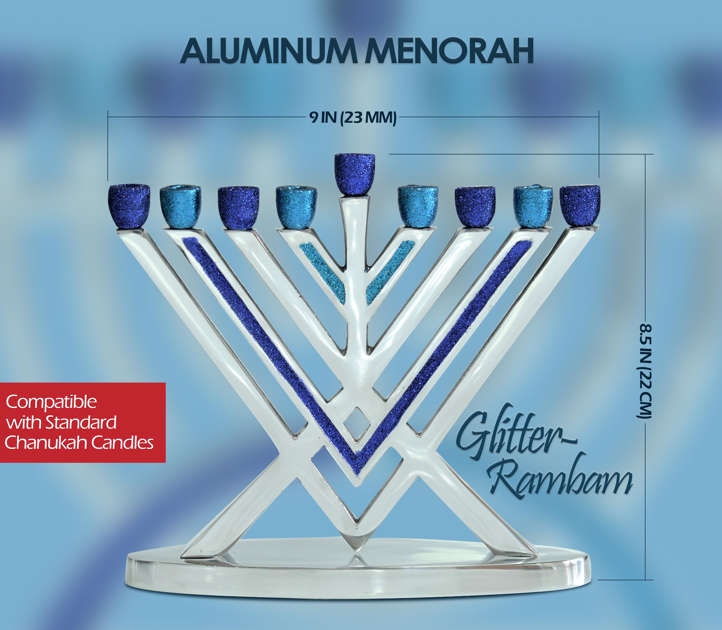 Blue Glitter Aluminum Chabad Hanukkah Menorah - Modern Artistic Decorative Candle Menorah for Chanukah - Fits All Standard Hanukkah Candles - Perfect for Home Decor, Jewish Holidays & Gift Giving