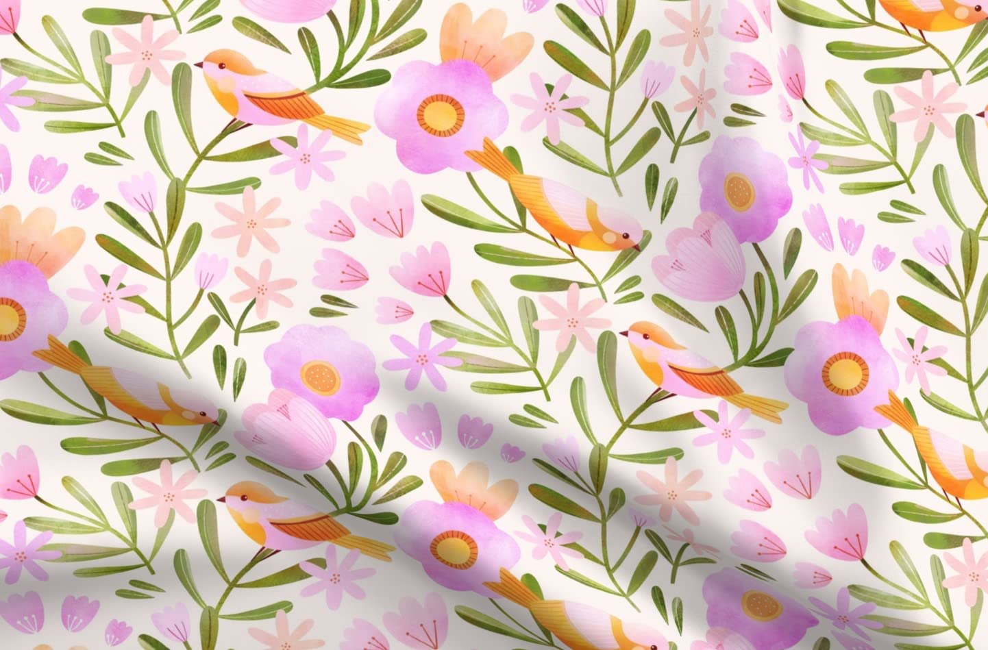 Spring Botanical Pink Floral Birds Printed Cotton Poplin Fabric - Fat Quarter for Sewing, Quilting, Dresses & Crafts | Perfect for Spring/Summer Apparel & Home Decor Projects