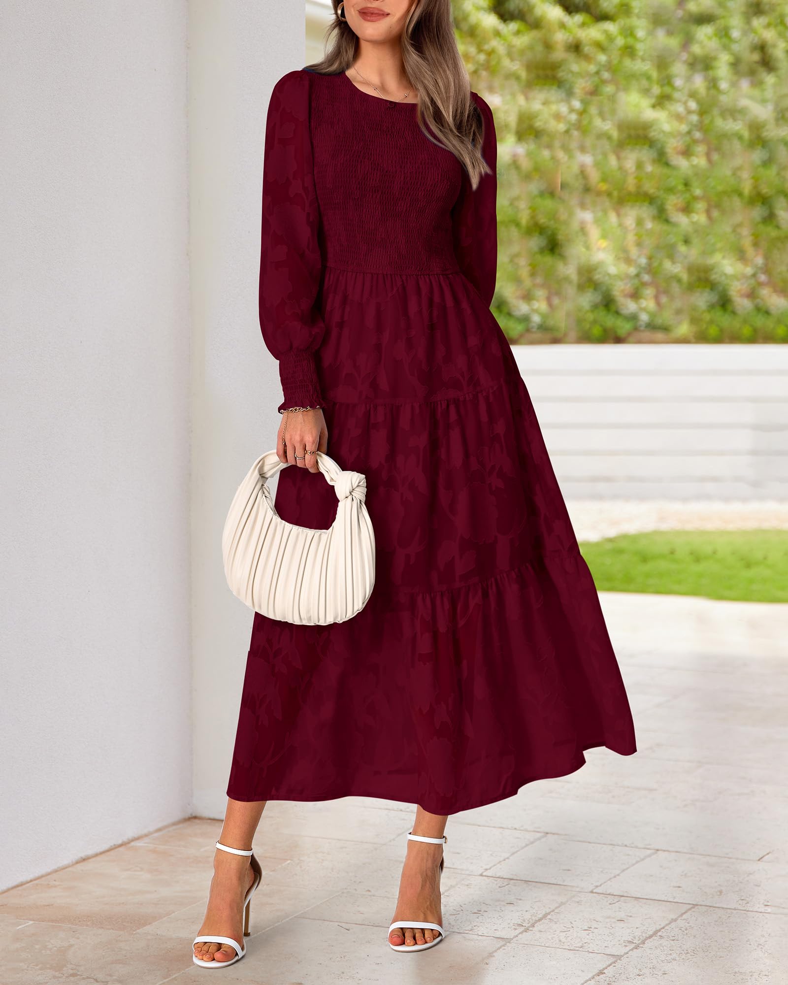 BTFBM Women's Elegant Floral Midi Dress - Long Sleeve Bohemian Wedding Guest Dress for Spring 2025 | Perfect for Garden Parties, Bridal Showers & Formal Events