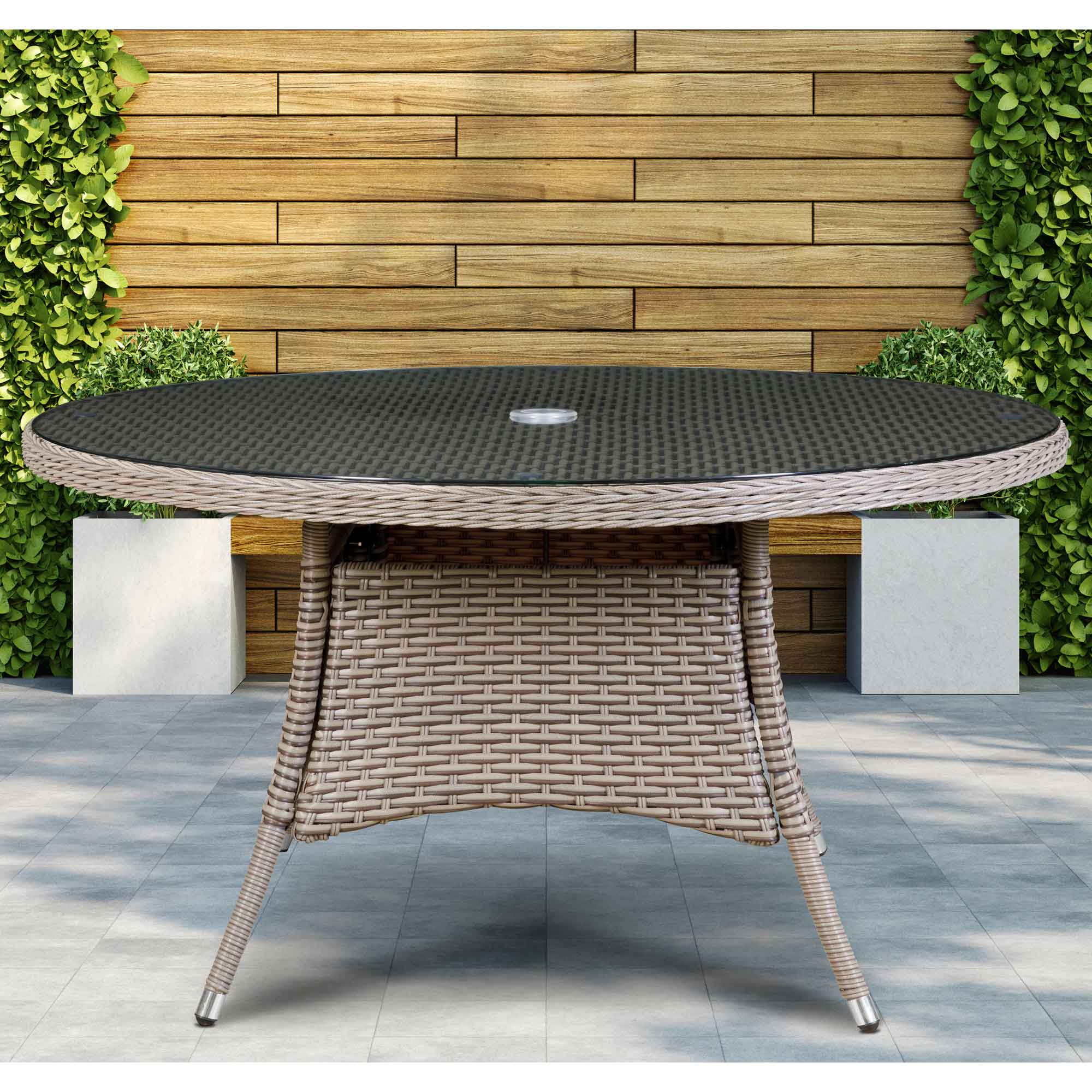 Premium Chester Rattan Wicker Outdoor Dining Table with Tempered Glass Top - Weather-Resistant Patio Furniture for Garden, Poolside & Backyard Dining - DG67