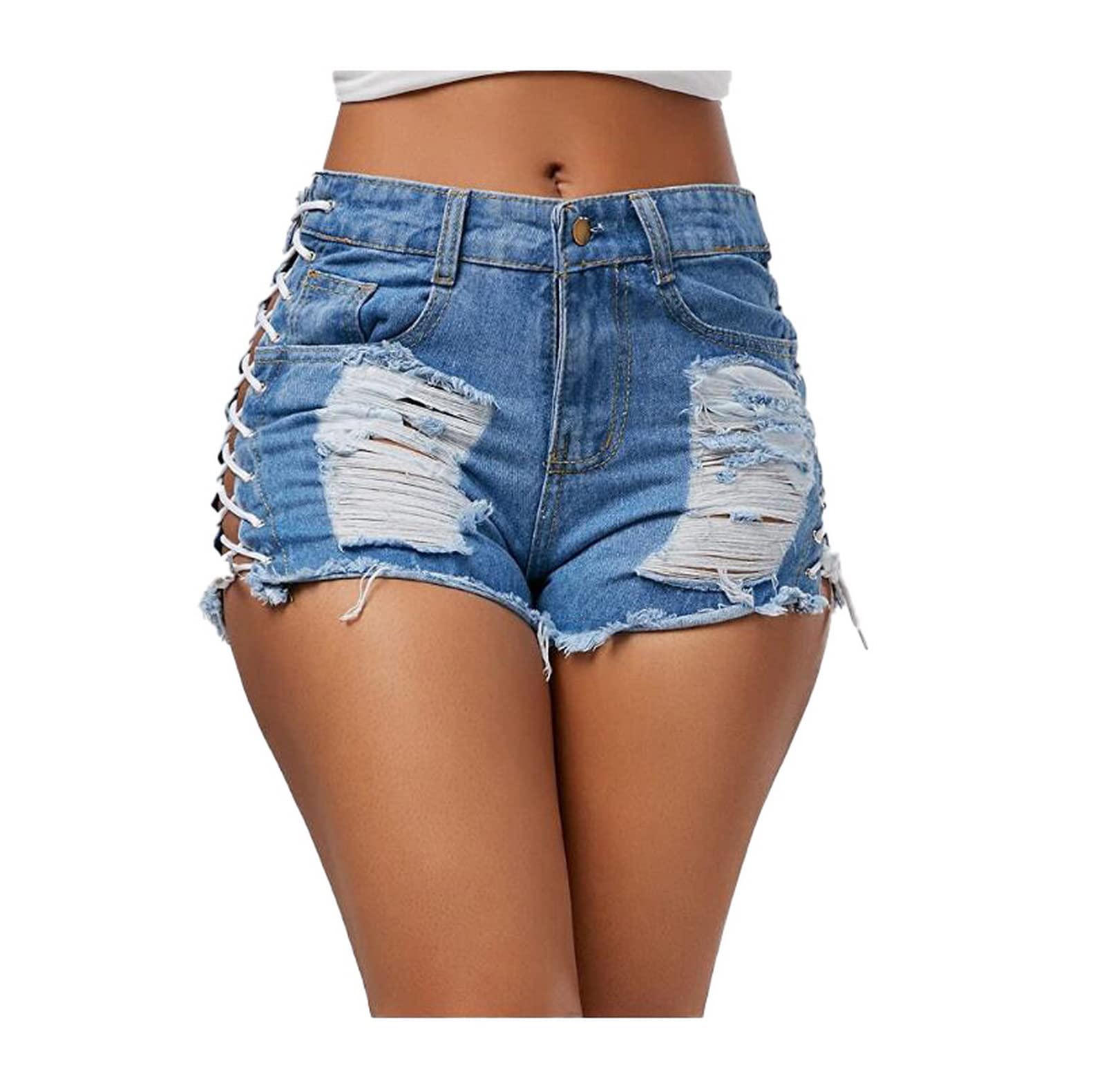 Fashion Women's Ripped Bandage Denim Shorts - High Waisted Distressed Cropped Jeans with Pockets | Casual Summer Outfit, Streetwear Style, Party Wear