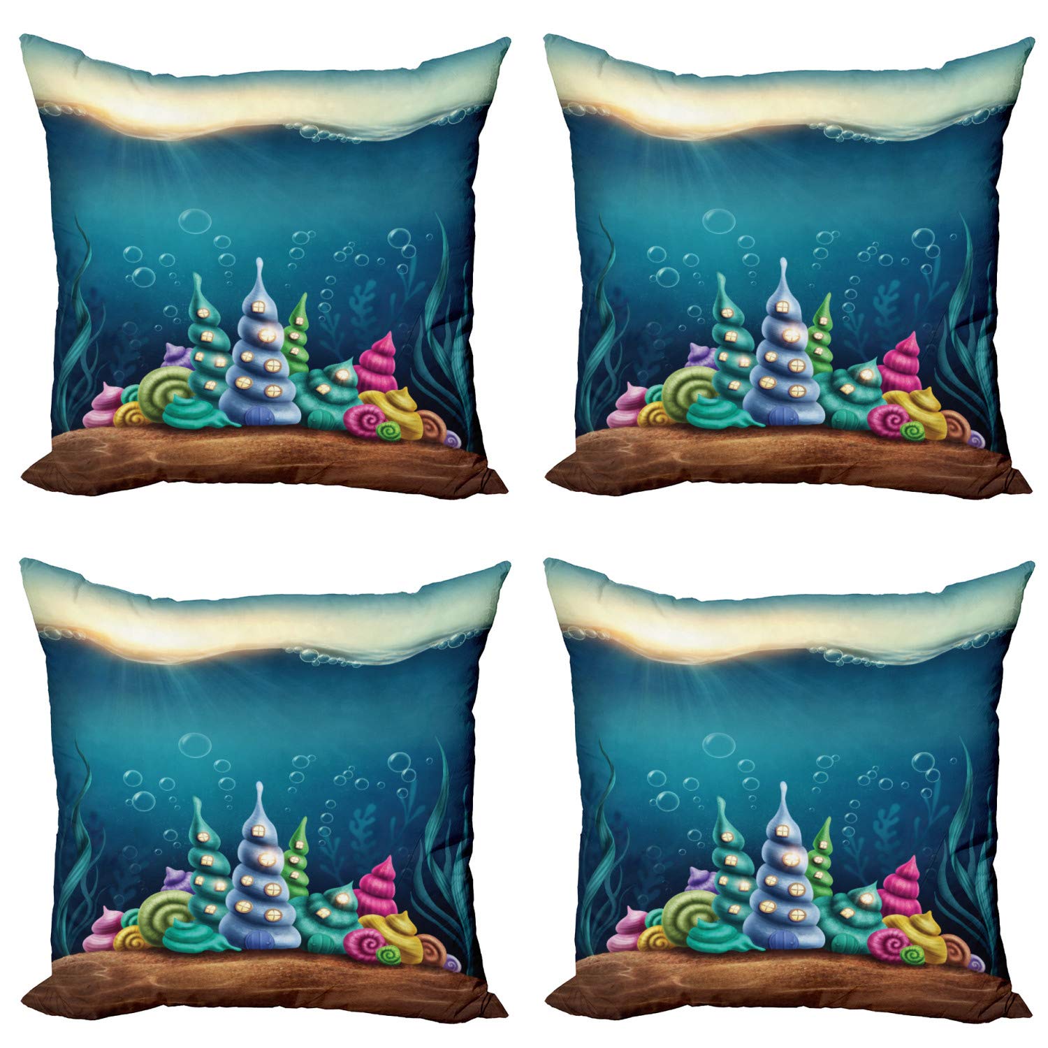 Ambesonne Ocean Themed Throw Pillow Covers Set of 4 - Underwater Fantasy with Shell Houses & Bubbles Cartoon Print, Double-Sided Digital Printed Modern Home Decor (16 Inch, Teal Brown) - Perfect for Living Room Sofa, Bedroom Decor or Beach House Accents