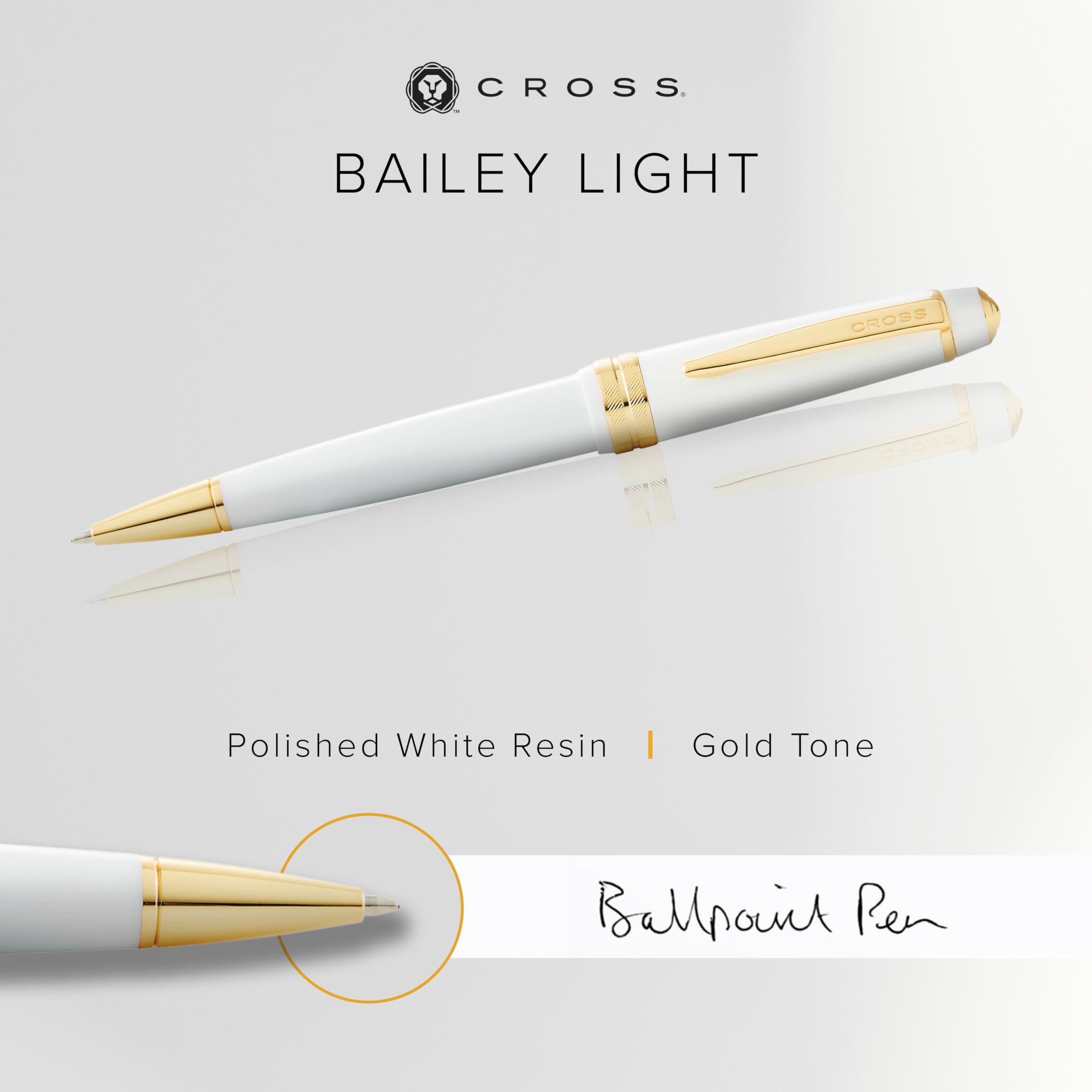 Cross Bailey Light Polished White Resin & Gold Ballpoint Pen - Premium Writing Instrument for Office, School & Gift Giving