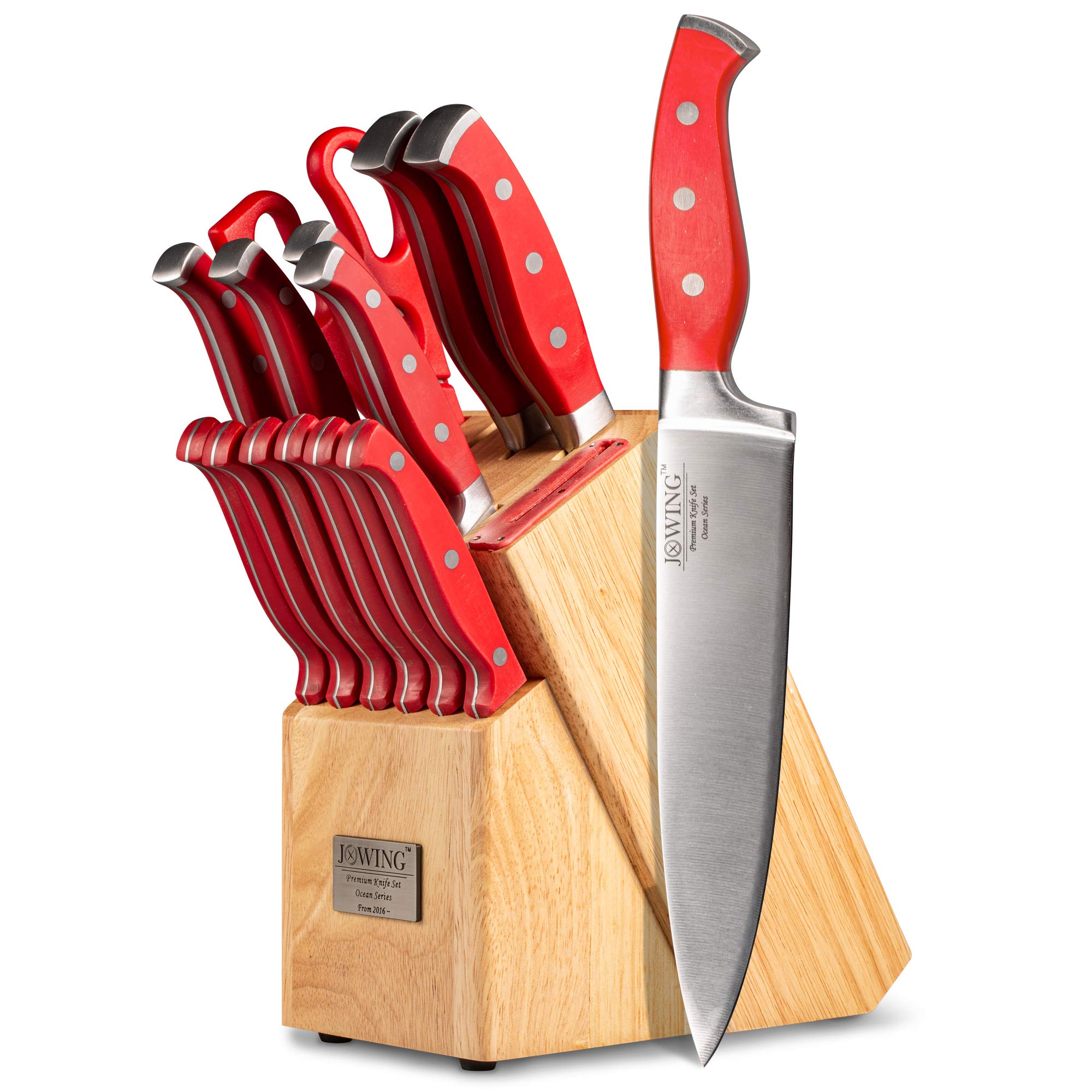 Premium 15-Piece German High Carbon Stainless Steel Kitchen Knife Set - Ocean Series Forged Full Tang Chef Knives with Rubber Wood Block (Red) - Perfect for Professional Chefs & Home Cooking