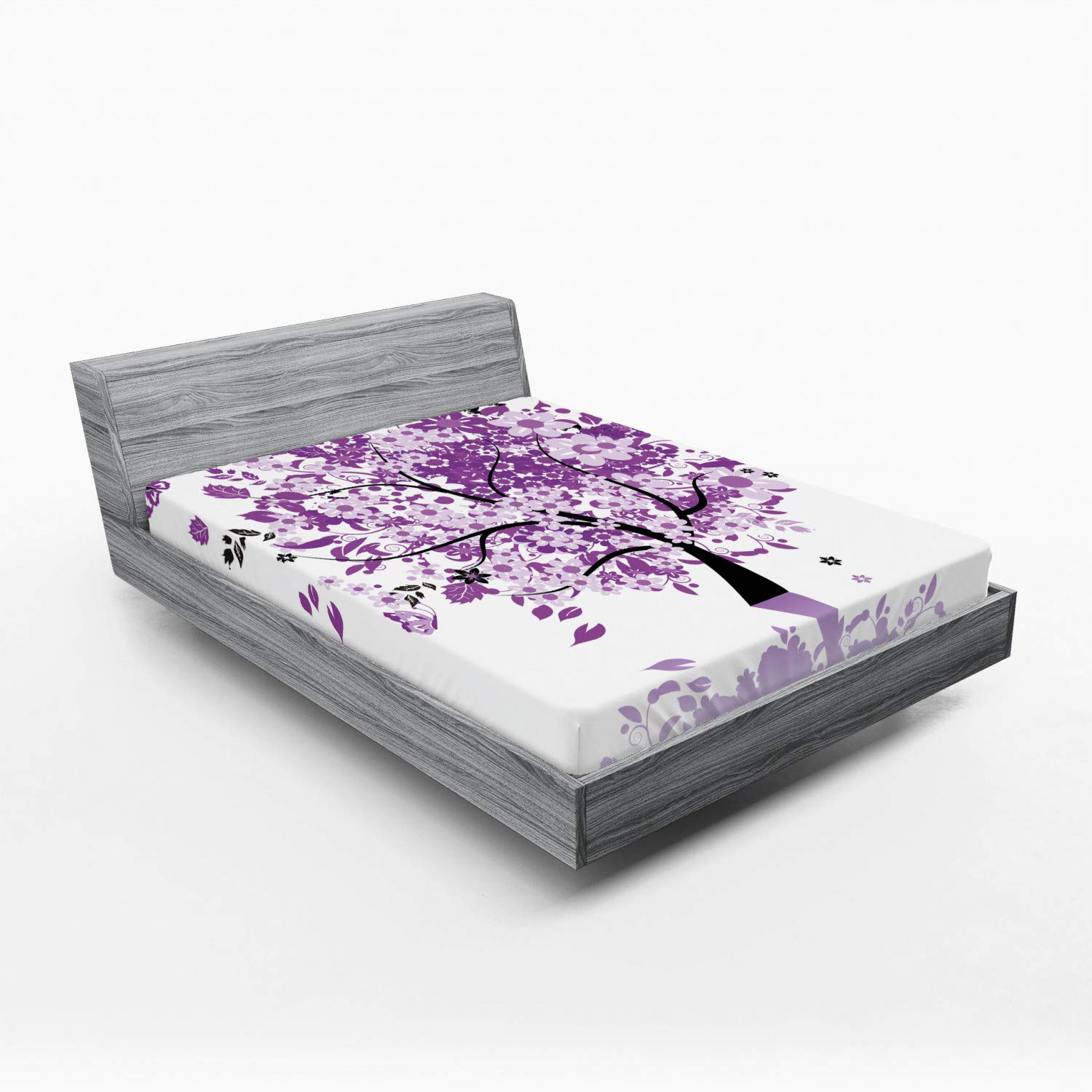 Ambesonne Queen Size Fitted Sheet - Spring Tree of Life Design with Blooming Flowers & Butterflies, Deep Pocket All-Around Elastic, Lilac Purple - Perfect for Master Bedroom, Guest Room & Vacation Homes