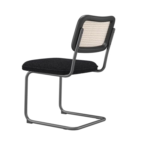 Premium Leather Dining Chair with High-Density Sponge Cushion - Rattan Backrest Modern Accent Chair for Dining Room, Living Room, Bedroom - Black - Perfect for Home Decor, Restaurant, Cafe & Office Settings