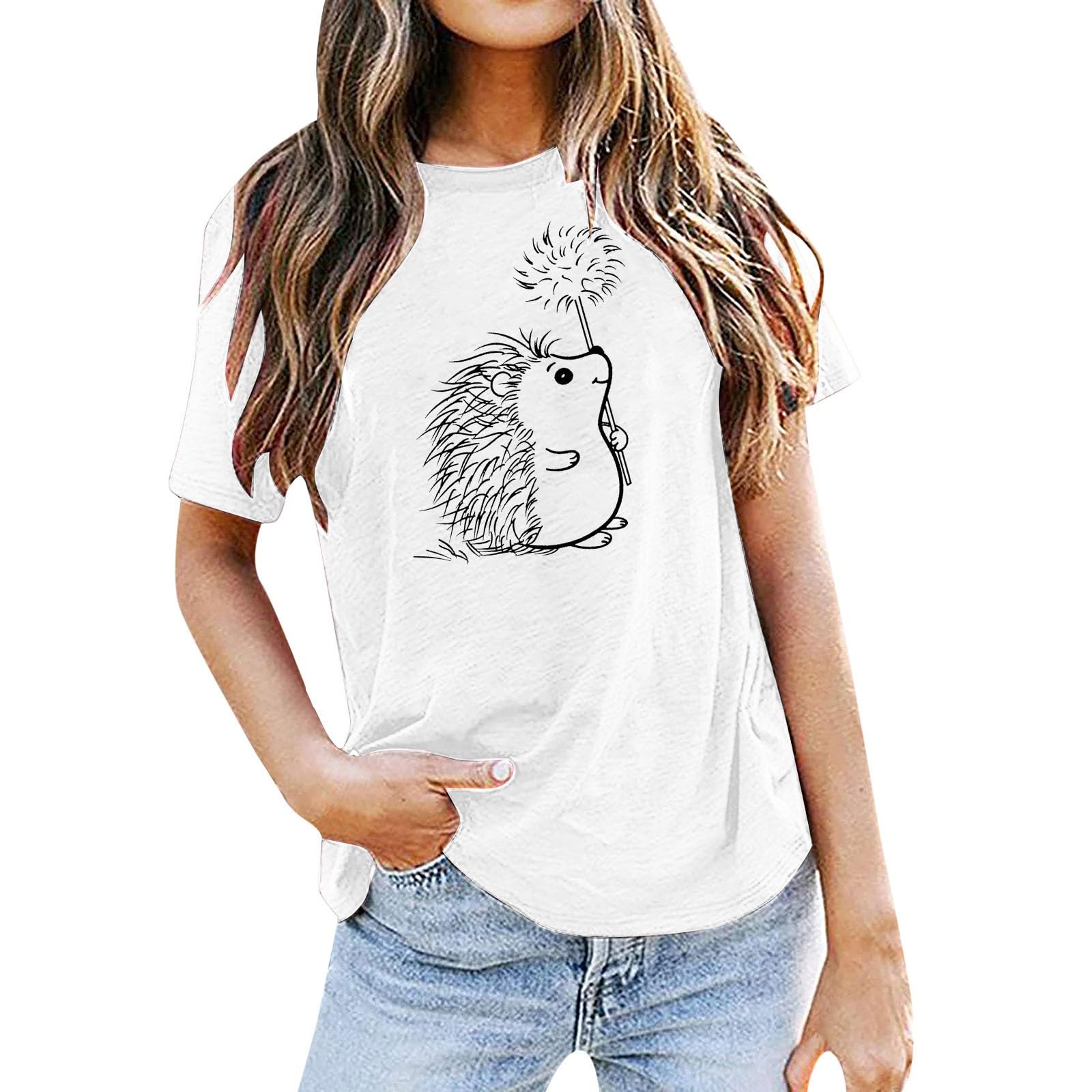 Trendy Vintage Hedgehog & Dandelion Graphic Tees for Women - Retro Casual Short Sleeve T-Shirts - Perfect for Summer Outfits, Casual Wear & Street Style Fashion