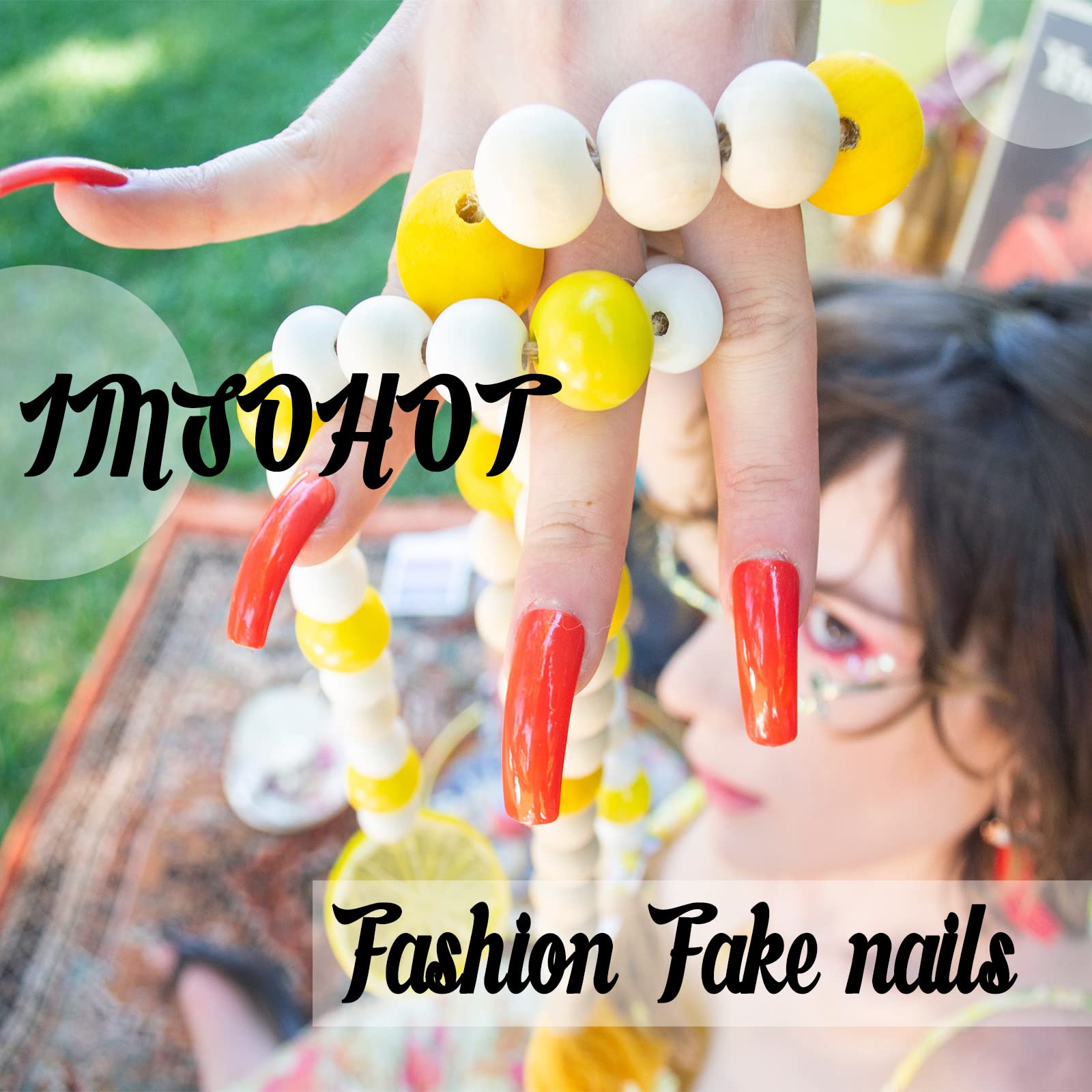 IMSOHOT Square Press-On Orange Red Ombre Fake Nails with Glossy Designs - Full Cover Acrylic False Nails for Women & Girls - Perfect for Summer, Parties, Weddings & Special Occasions