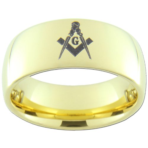 9mm Gold Tungsten Carbide Masonic Master Mason Square & Compass Ring - Custom Sizes 5-15 (Full & Half Sizes) - Durable & Hypoallergenic Jewelry for Men - Perfect for Freemason Events, Gifts & Everyday Wear