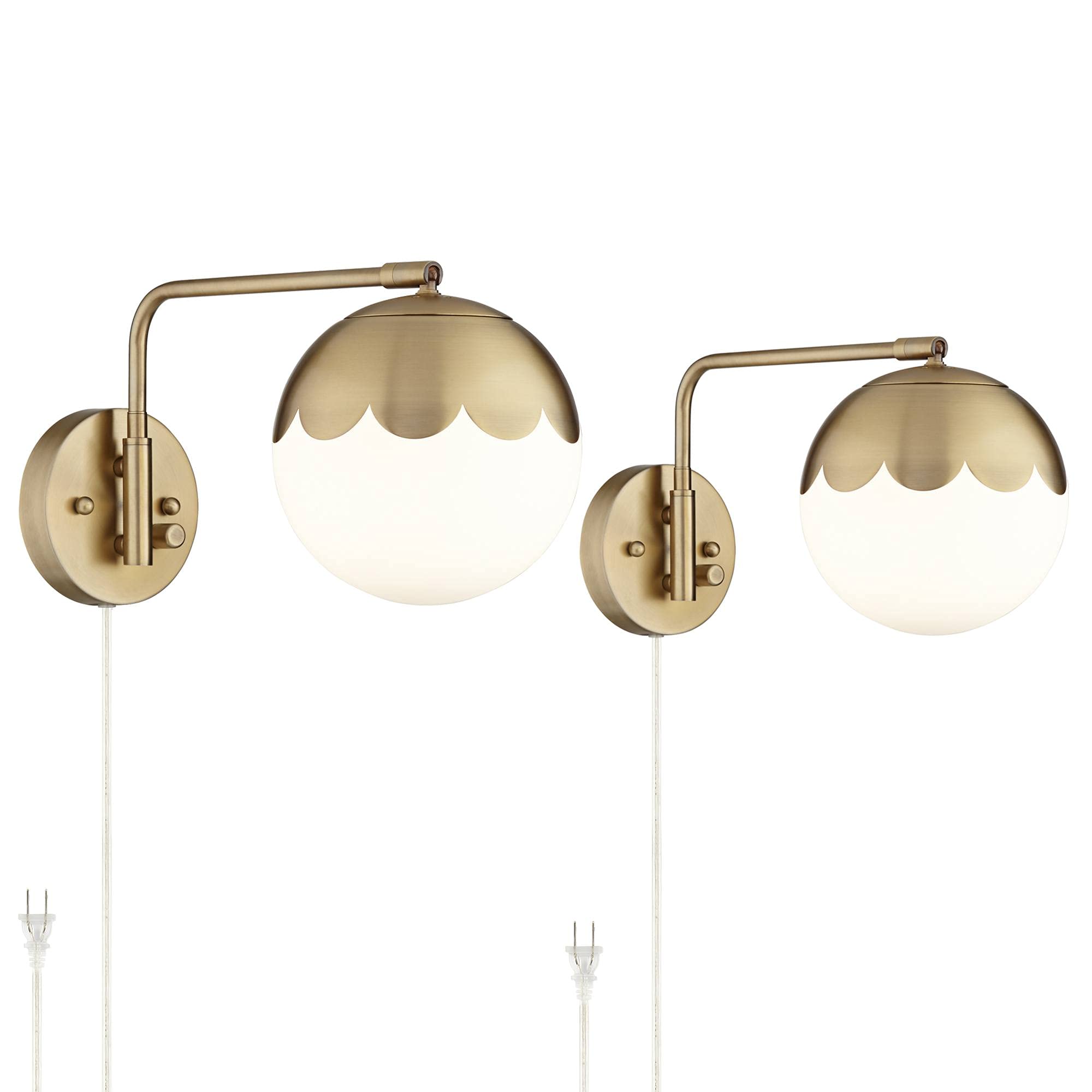 360 Lighting Kelowna Modern Swing Arm Wall Lamps (Set of 2) - Antique Brass Plug-in Wall Sconces with Round Glass Globe Shade - Perfect for Bedroom, Living Room, Hallway & Dining Room Lighting - Ideal for Reading, Bedside & Home Decor
