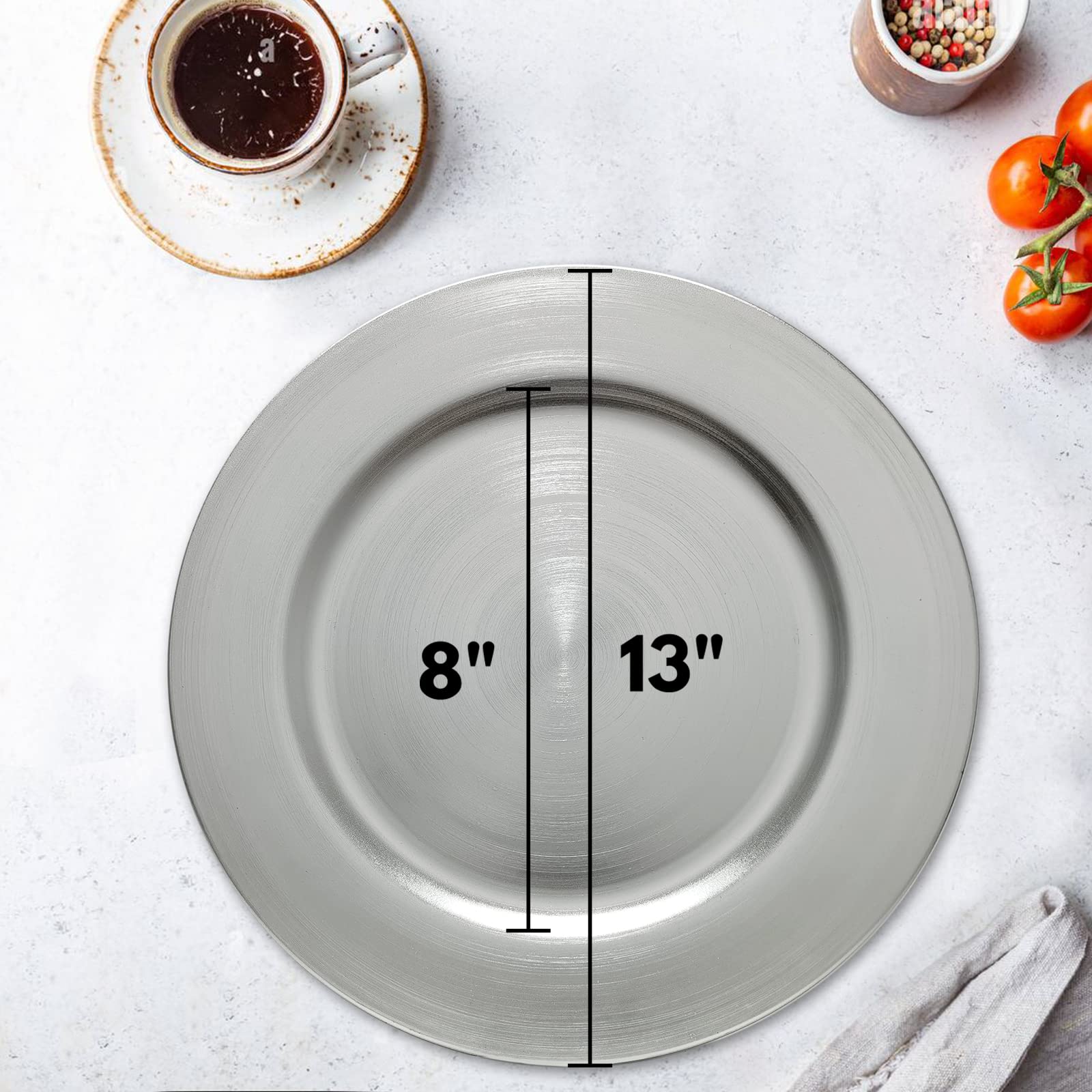 13 Inch Round Plastic Charger Plates Set of 8 - Elegant Metallic Silver Foil Dinner Plates for Wedding, Party, Banquet & Special Events - Perfect for Formal Dining, Buffet Service & Table Decorations