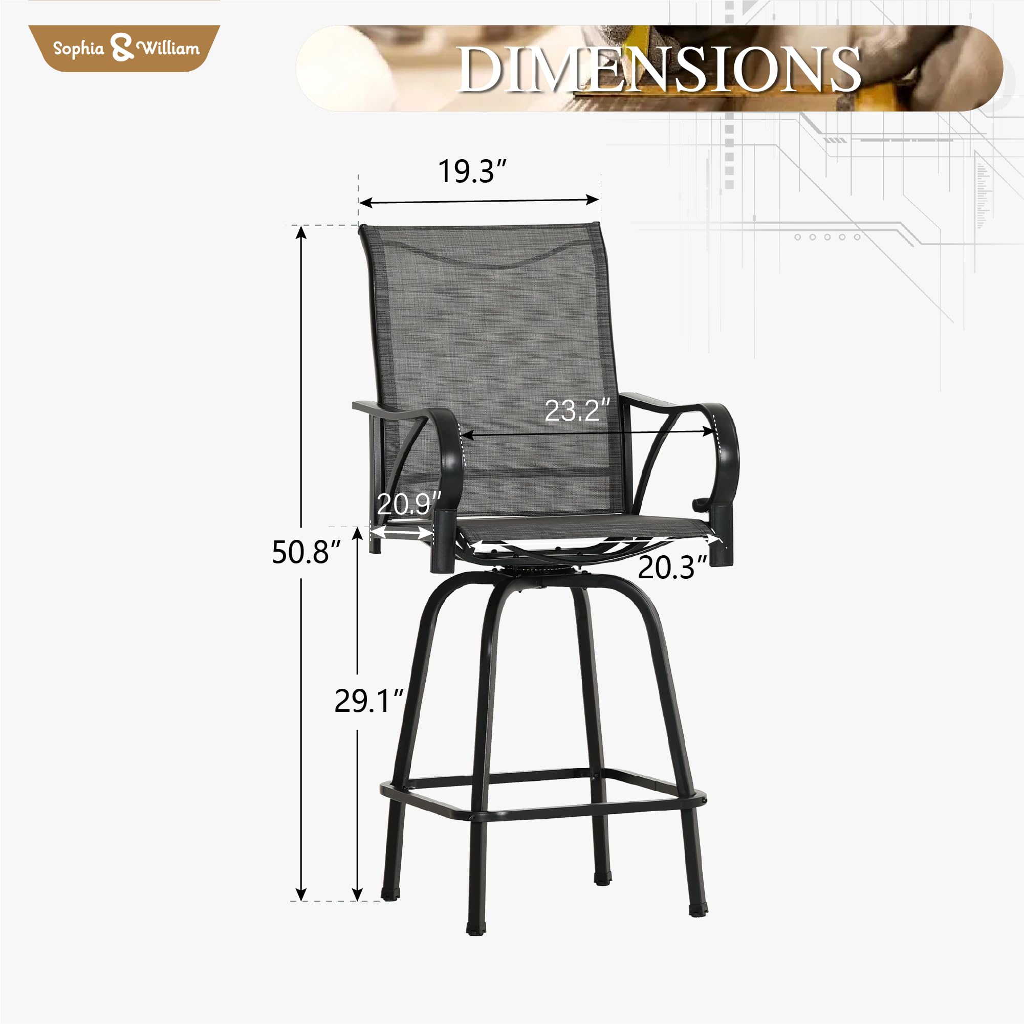 Sophia & William 6-Piece Outdoor Swivel Bar Stool Set - 300 lb Capacity Grey Fabric Patio Chairs for Backyard, Deck & Poolside Dining