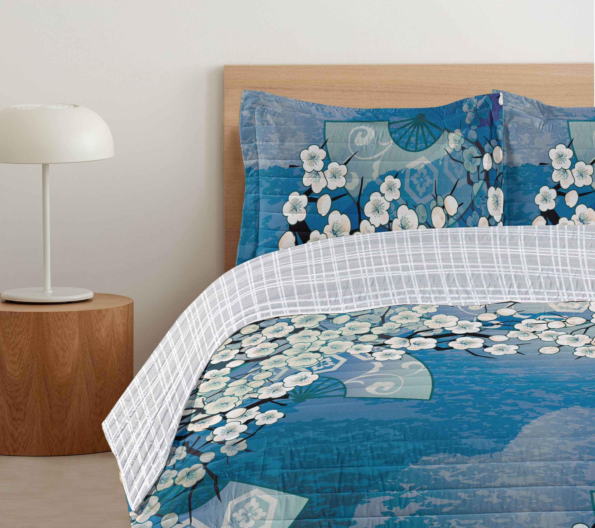 Ambesonne Reversible King Size Bedspread Set - Japanese Cherry Blossom Sakura Tree Design, Microfiber Comforter with Pillow Shams, Sky Blue | Spring Floral Bedding for Master Bedroom, Guest Room Decor