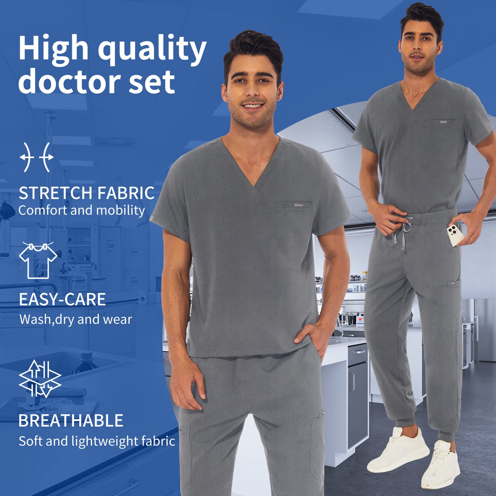 VIAOLI Men's Athletic Scrub Set - V-Neck Top & Yoga Jogger Pants with 8 Pockets for Medical Professionals | Comfortable Nursing Uniform for Doctors, Nurses & Healthcare Workers | Perfect for Hospital Shifts, Clinics & Long Work Hours