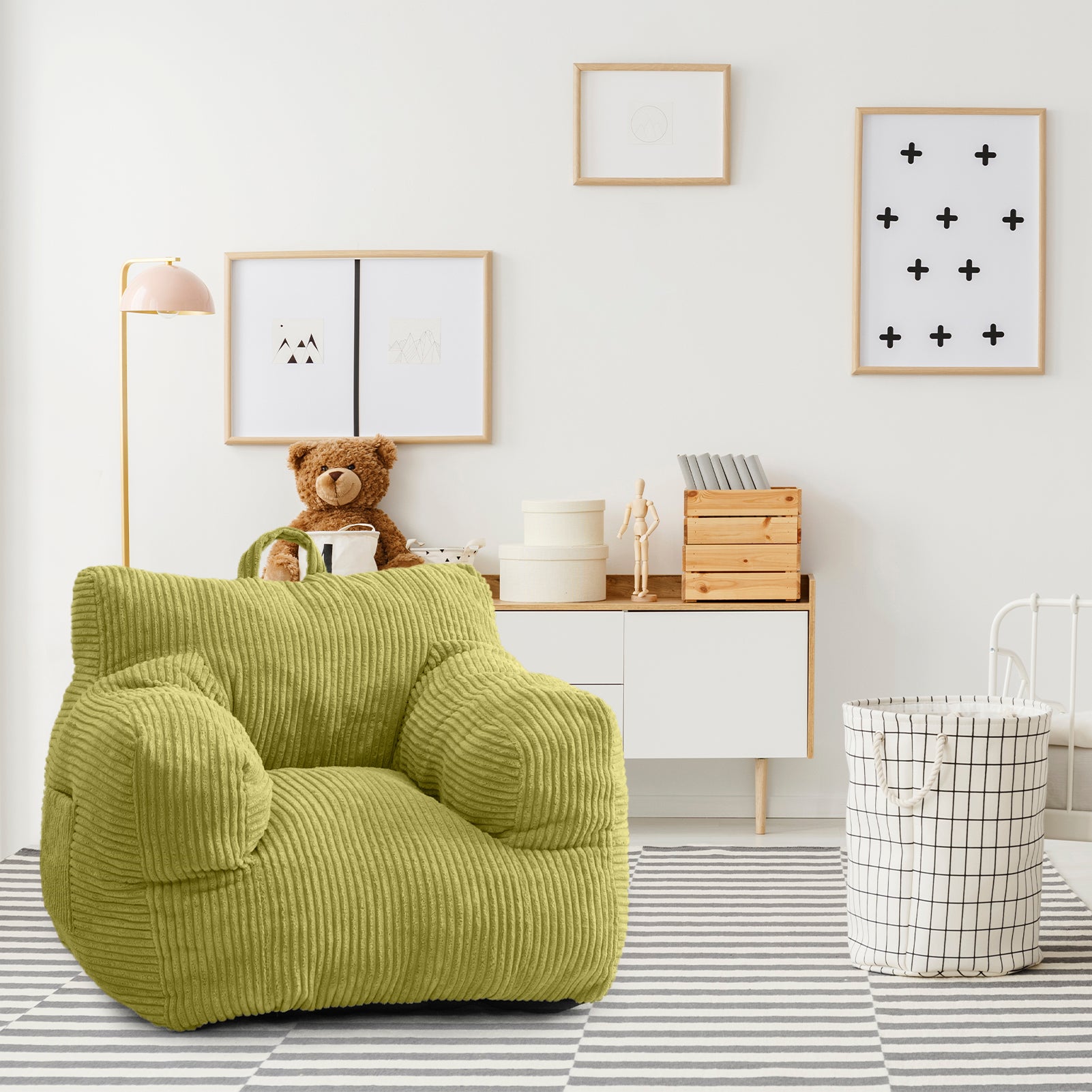 MAXYOYO Kids Bean Bag Chair - Soft Corduroy Bean Bag Couch with Armrests for Children's Bedroom, Playroom & Dorm (Green) - Perfect for Reading, Gaming & Relaxing