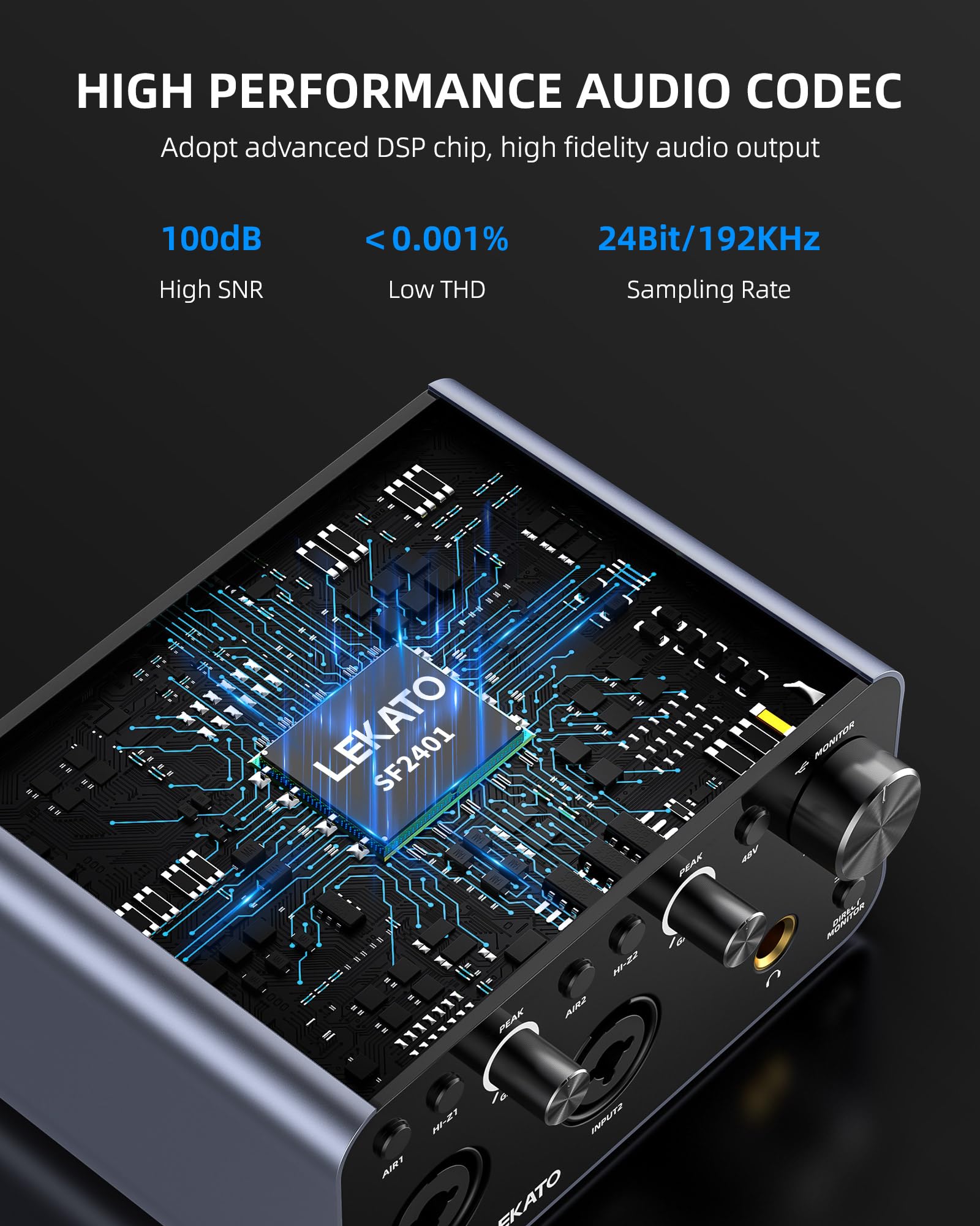LEKATO 2i2 USB Audio Interface - 24-bit/192kHz Studio Recording Interface with XLR Inputs & 48V Phantom Power for Smartphones, Computers, Guitars, Podcasting & Music Production - Perfect for Home Studios, Live Streaming & Professional Recording Sessions