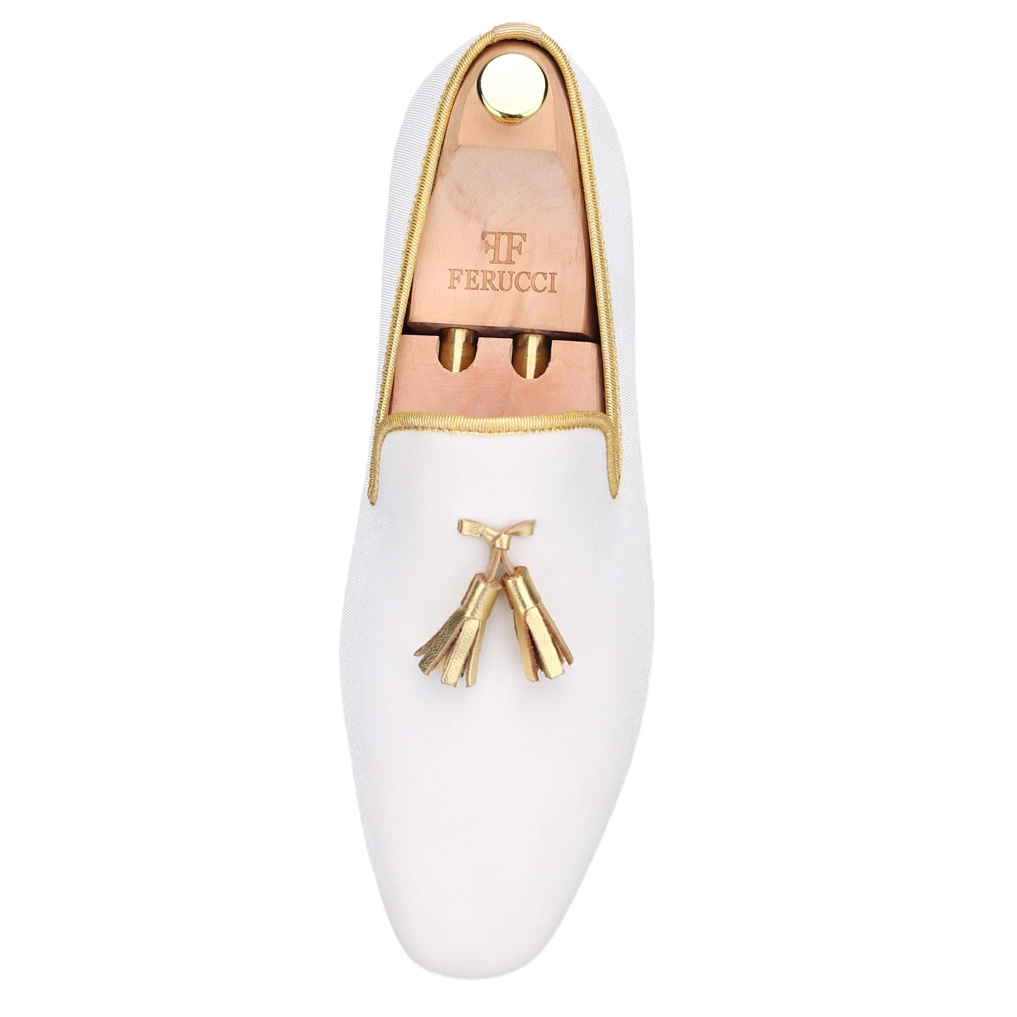 FERUCCI Men's White Velvet Loafers with Gold Tassel - Square Toe Formal Slippers for Wedding, Prom & Special Occasions - Comfortable Dress Shoes for Evening Events & Parties