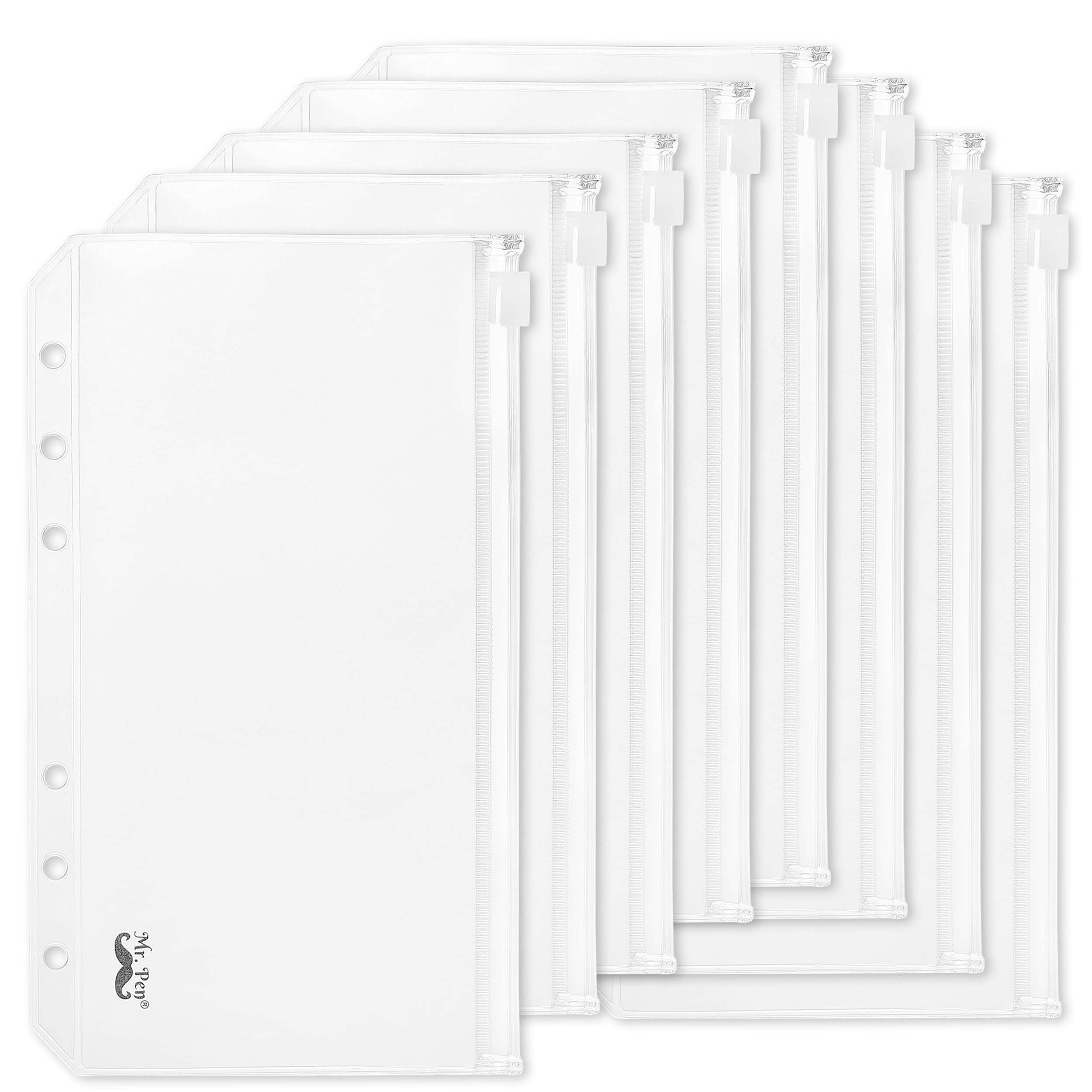 Mr. Pen A6 Binder Pockets - 8 Pack Clear Zipper Envelopes with 6 Holes for Cash, Inserts & Organization | Perfect for Budgeting, School Supplies, Planner Accessories & Document Storage