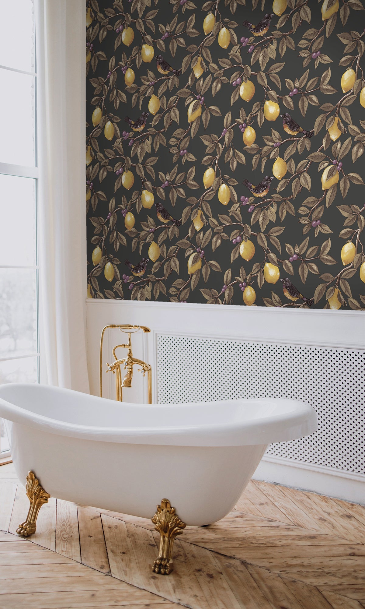 Charcoal Golden Lemon Trail Wallpaper R9634 - Peel and Stick Removable Wallpaper for Bedroom, Living Room, and Office Decor