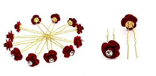 Rapidsflow 12-Piece Golden Juda Hair Pins for Women - Red Flower Crystal Rhinestone Bridal Hair Accessories for Wedding, Prom, Party & Special Occasions