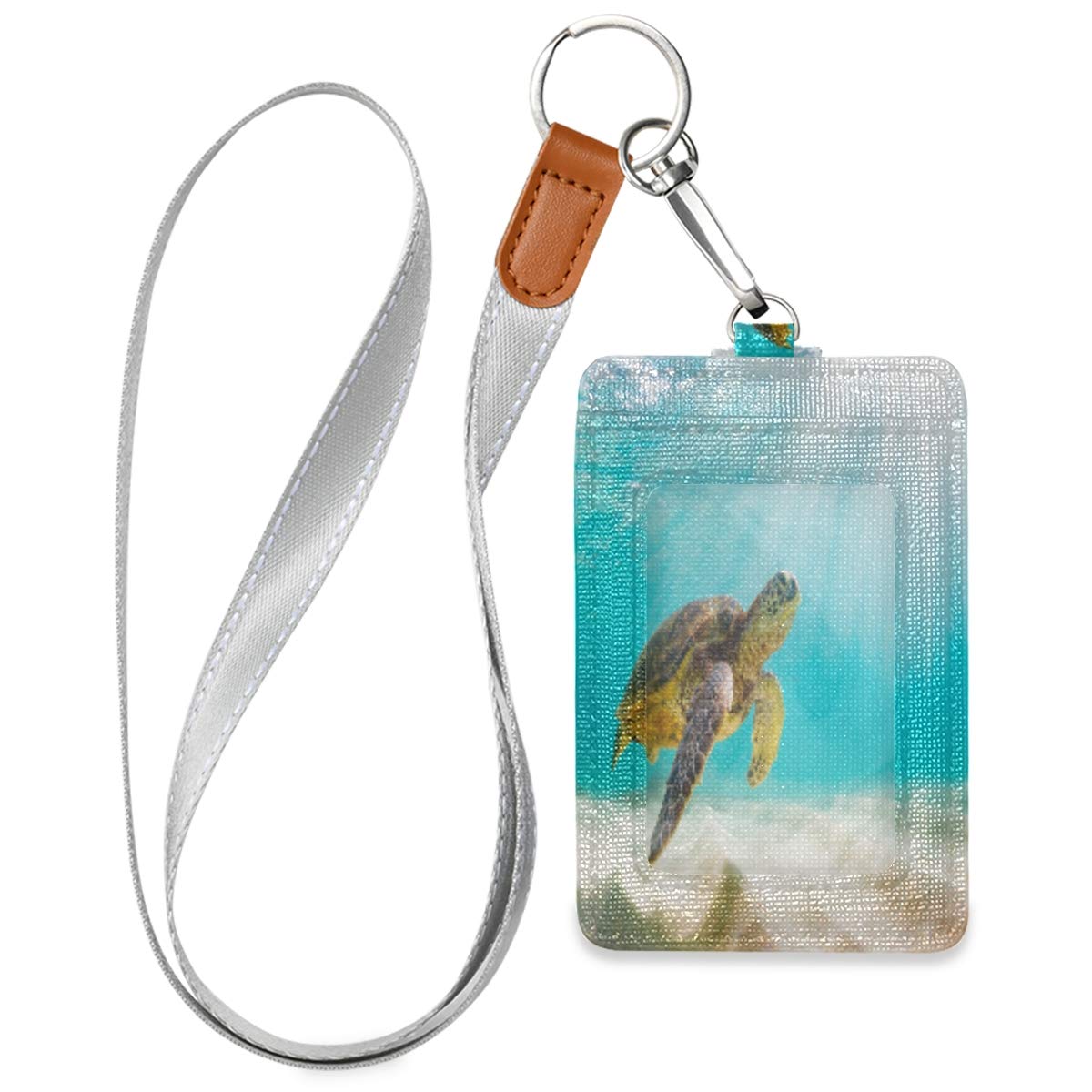 Premium PU Leather Vertical ID Badge Holder with Clear Window & 2 Credit Card Slots - Turtle Coral Sea Design - Neck Lanyard Included for Workers, Teachers, Officers & Students - Perfect for Office, School, Events & Security Access