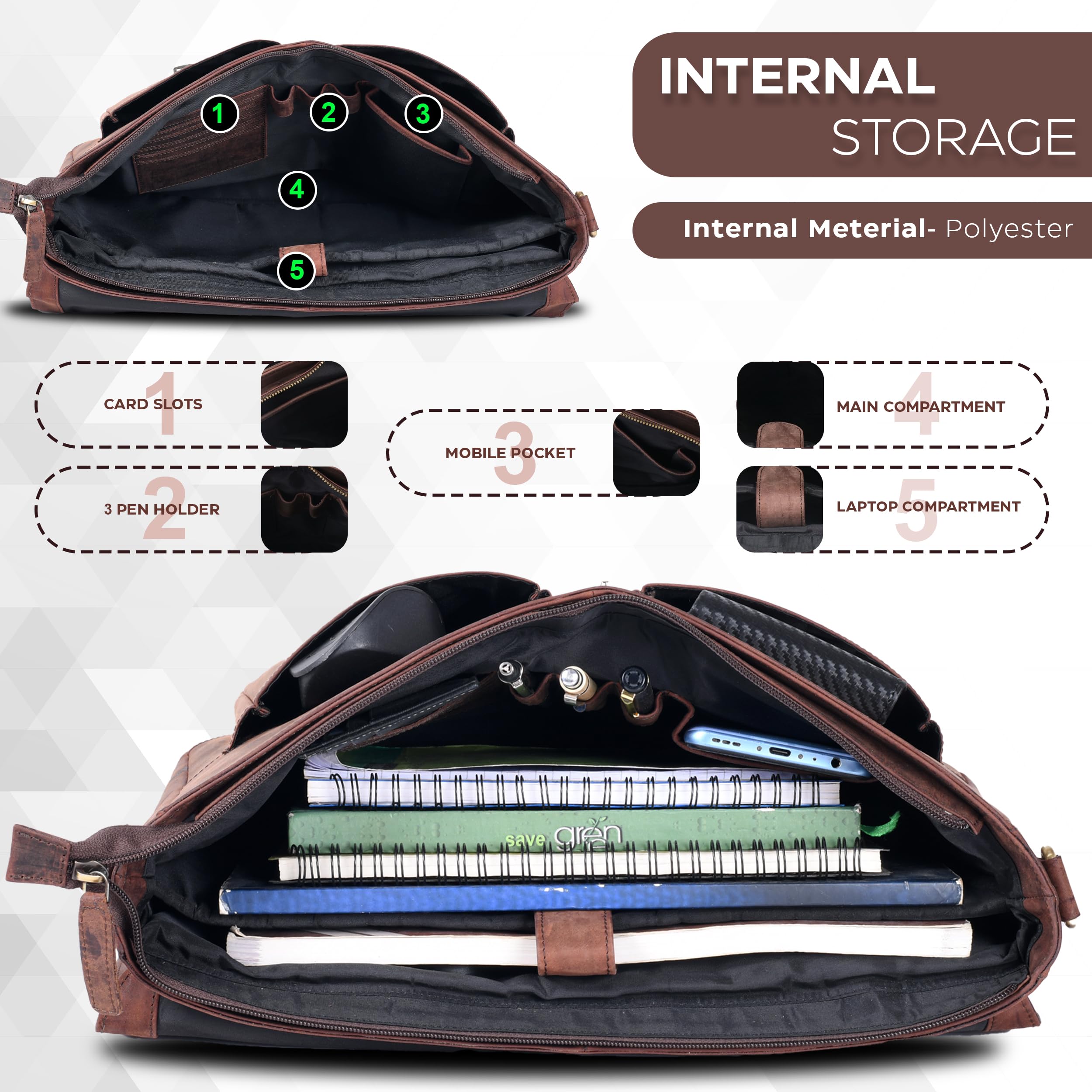 Premium Genuine Oak Leather Messenger Bag for Men & Women - Stylish Laptop Briefcase with Adjustable Shoulder Strap - Perfect for Office, College, Business Travel & Daily Commute
