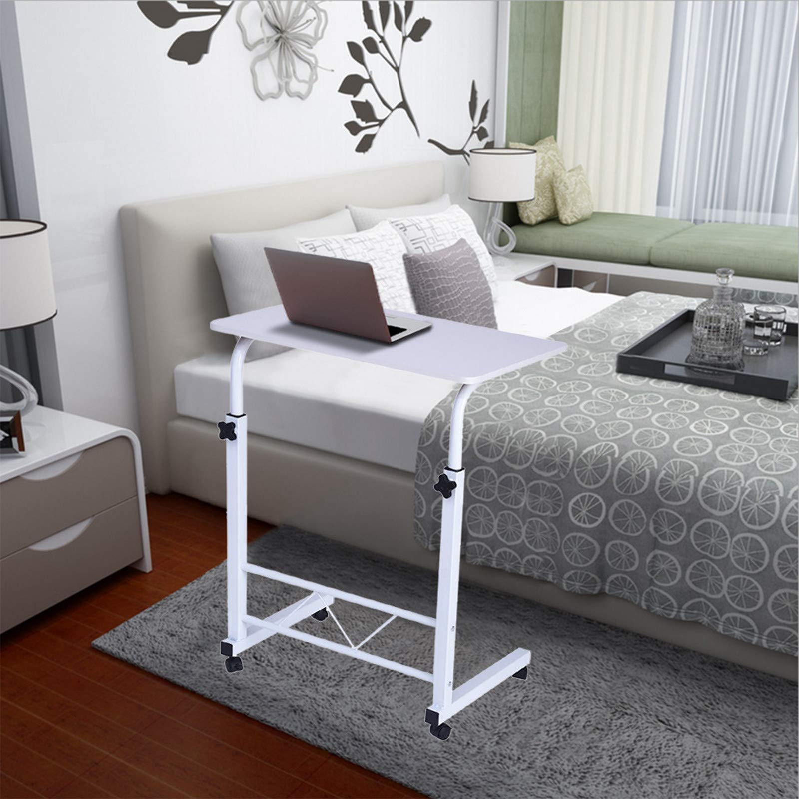 QINXIAO 60cm×40cm Adjustable Standing Desk with Wheels, Portable Laptop Workstation with Tablet Slot, Mobile Stand Up Desk for Home Office, Ideal for Remote Work and Study (White)
