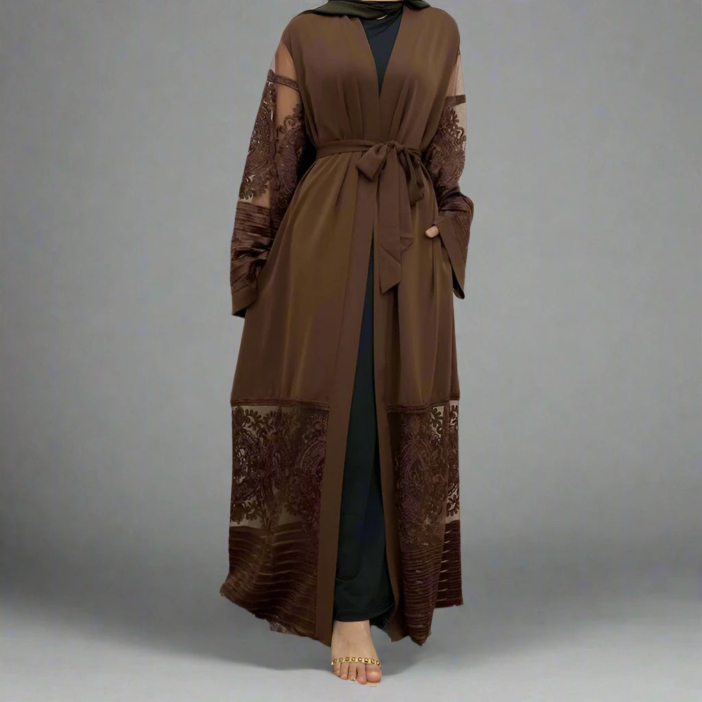 Elegant Muslim Women's Mesh Embroidery Cardigan Open Abaya Dress - Modest Islamic Fashion for Prayer, Mosque & Special Occasions