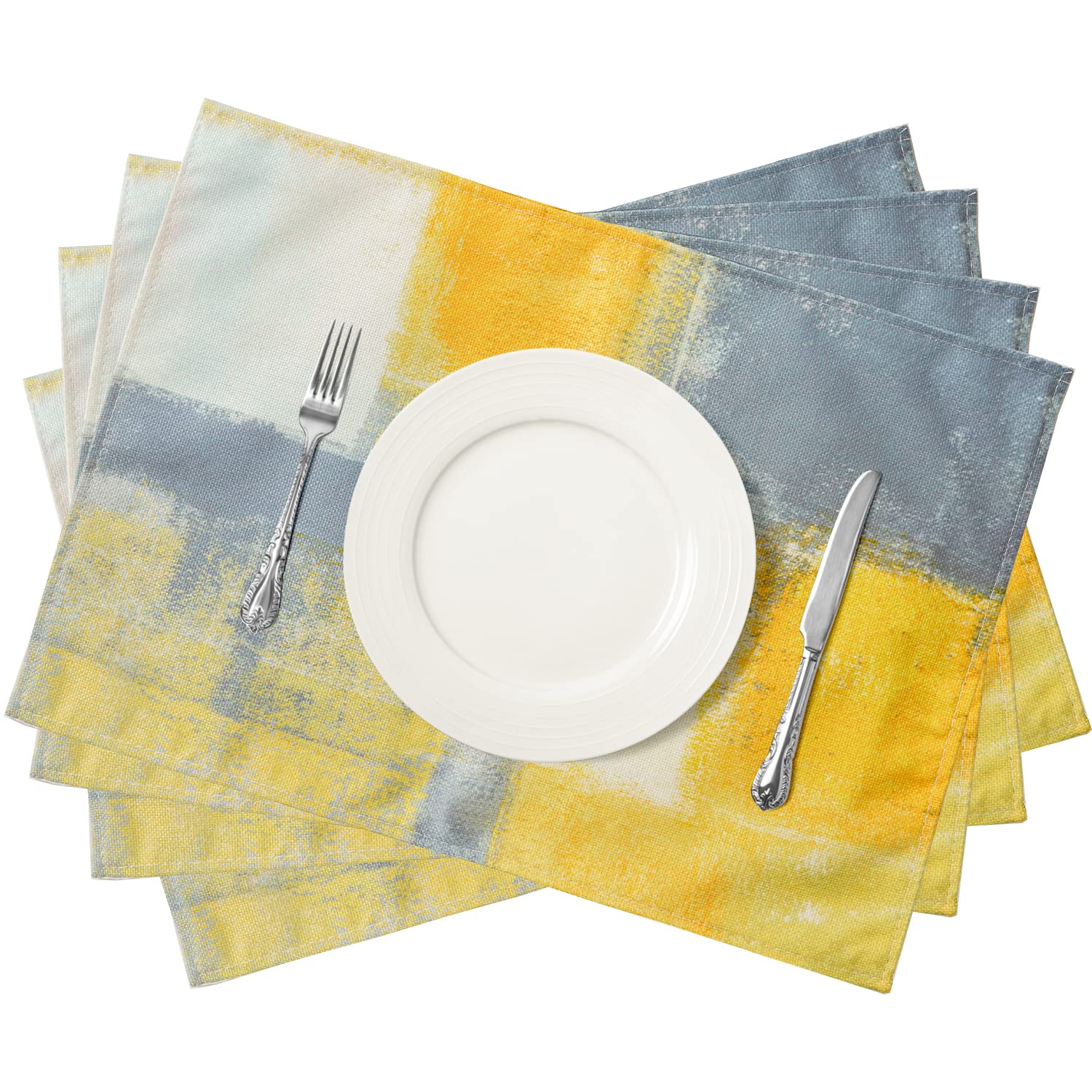 Modern Abstract Art Placemats Set of 4 - Yellow & Grey Non-Slip Heat Resistant Dining Mats - 18
