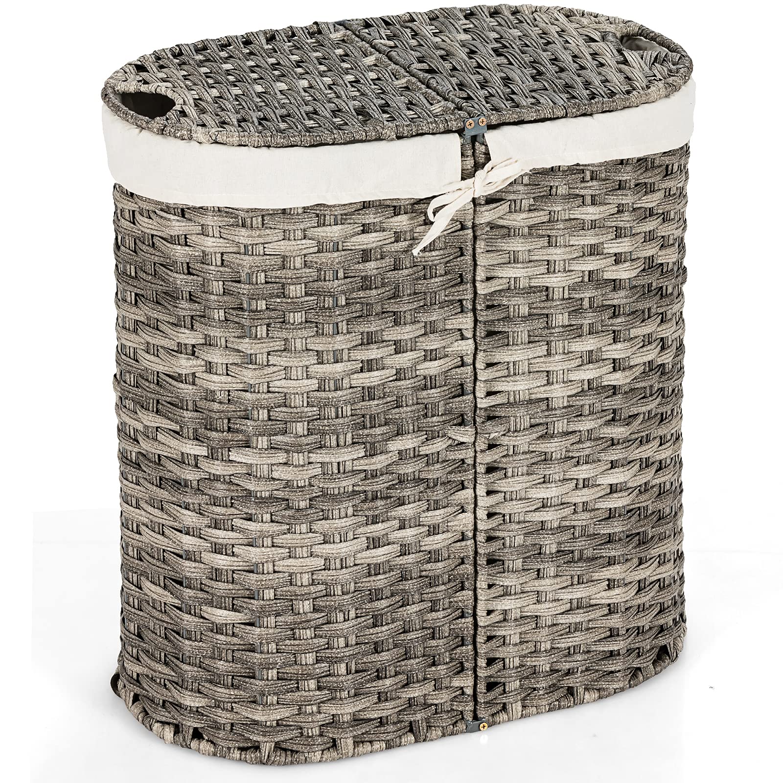 Giantex Double Laundry Hamper with Lid - 2 Removable Liner Bags, Handwoven Clothes Sorter Basket for Bedroom, Living Room & Laundry Room | Portable Storage Organizer for Dirty Clothes & Linens (Gray)
