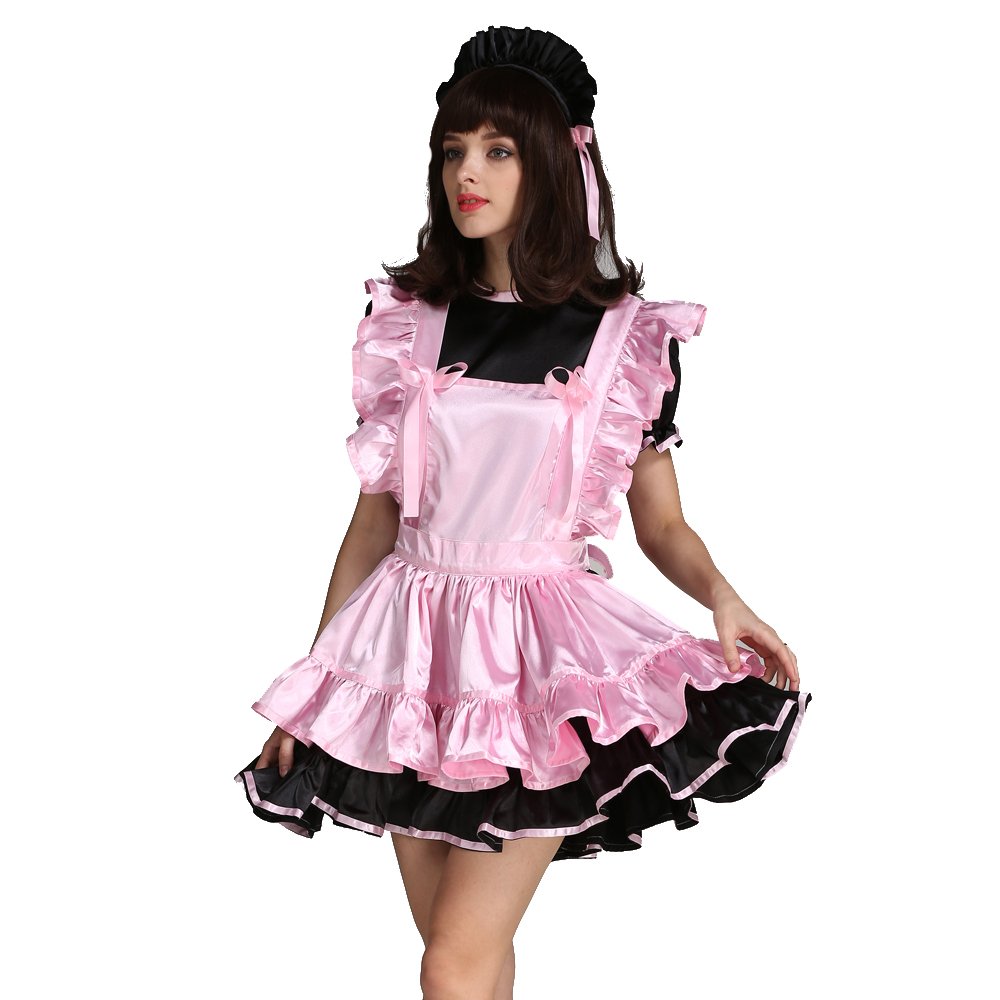 Sexy Women's Maid Costume - Pink & Black Satin Dress Uniform for Cosplay, Halloween, and Role Play - Perfect for Parties, Crossdressing, and Themed Events