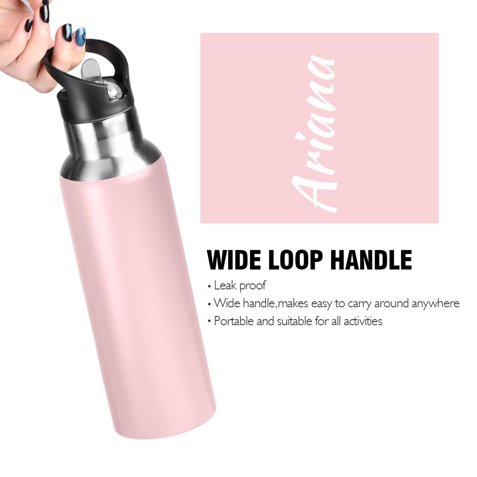 Custom Pink 20oz Insulated Stainless Steel Water Bottle with Straw Lid - Personalized Vacuum Sports Bottle for Hiking, Biking, Gym & Outdoor Activities | Leakproof & Sweatproof Design