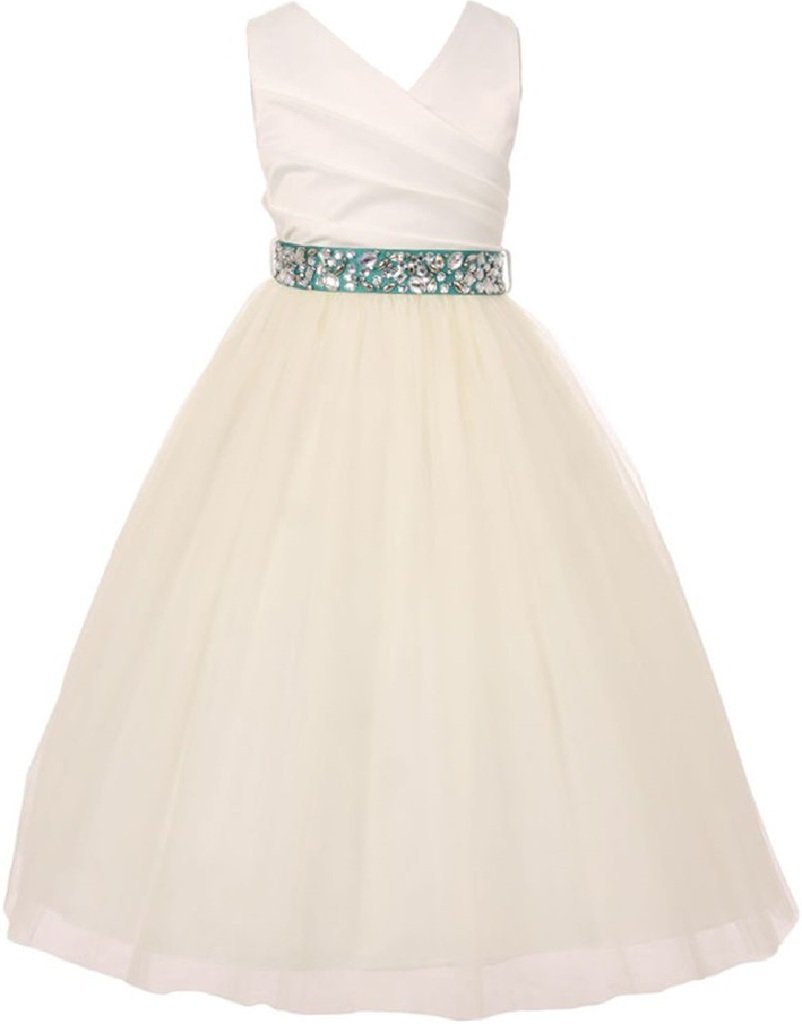 Elegant V-Neck Rhinestone Belt Flower Girl Dress for Little Girls - BluNight Collection - Perfect for Weddings, Parties & Special Occasions