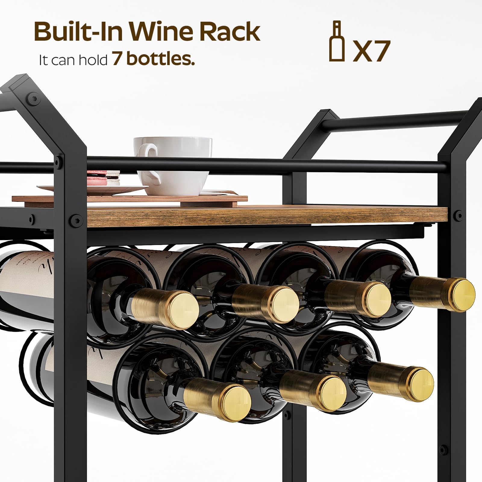 Black & Rustic Brown Bar Cart with Wine Rack - Mobile Kitchen Serving Cart for Beverages & Cocktails | Perfect for Home Parties, Living Room, Kitchen & Small Spaces | BC05BR