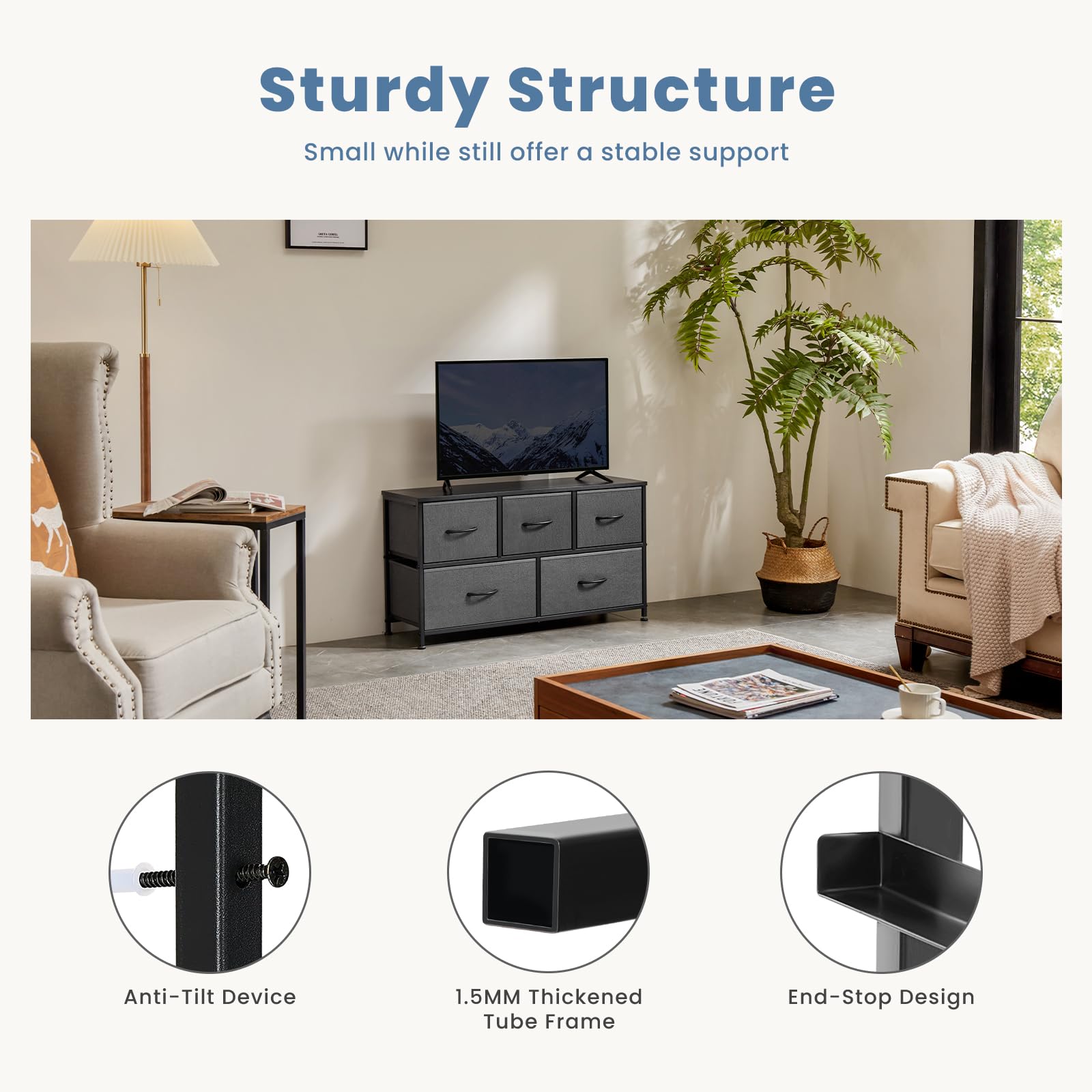 DUMOS 5-Drawer Dresser for Bedroom Storage - Wide Fabric Closet Organizer with Wooden Top & Metal Frame - Perfect for Clothes, Guest Room, Living Room, Hallway & Entryway - Ideal for Small Space Organization & Home Decor