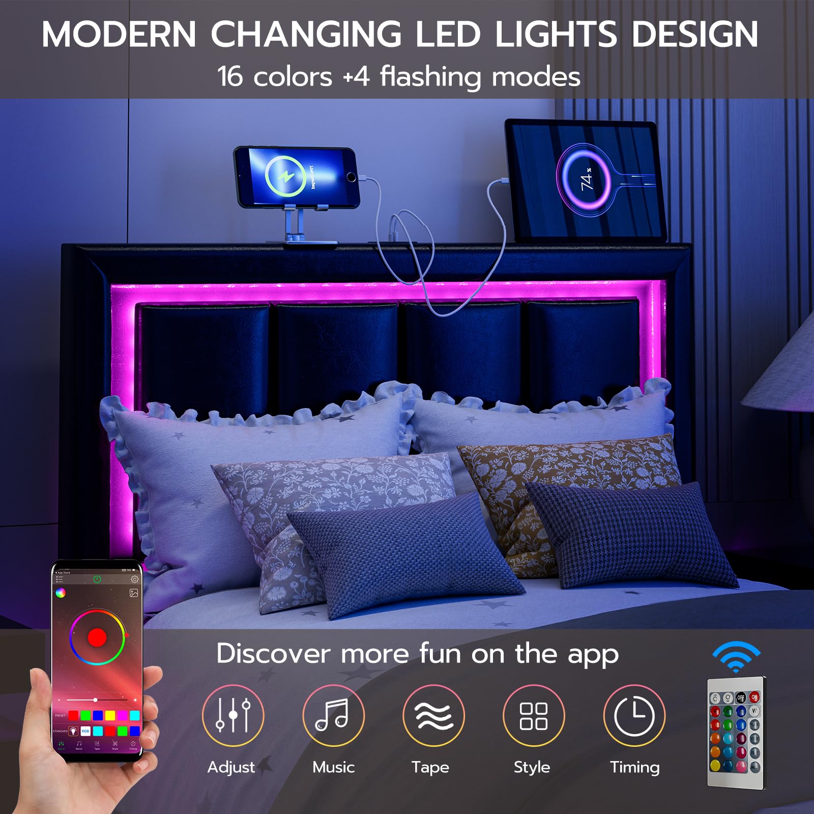IKIFLY Twin Size LED Headboard with 2 USB Ports & Adjustable Height - Modern Faux Leather Twin/Twin XL Bed Headboard with Soft LED Lighting - Upholstered Headboard Only, Easy Assembly (Black) - Perfect for Bedroom, Dorm Room & Small Space Decor