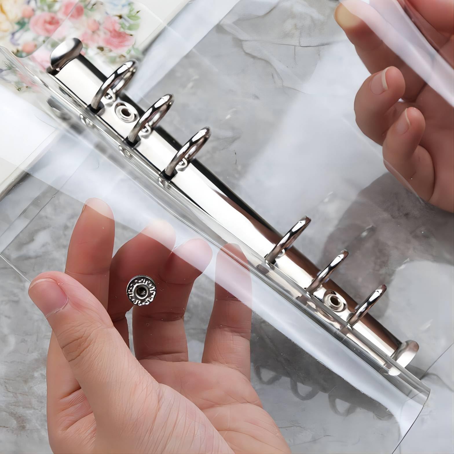 6-Hole Transparent PVC Binder Cover with Round Rings & Snap Button Closure - A6 Size File Folder for Loose Leaf Sheets, Notebook Refills & Document Protection | Perfect for School, Office Organization & Paper Storage